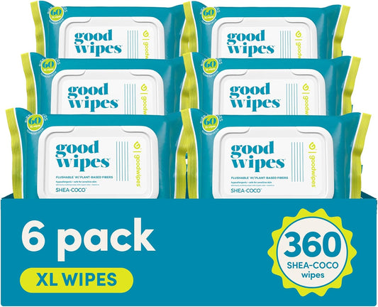 Goodwipes Flushable Butt Wipes Made with Vitamin E & Aloe - Soft & Gentle Wet Wipe Dispenser for Home Use, Septic & Sewer Safe - Largest Adult Toilet Towelettes - Shea Coco, 360 Count (6 Packs)