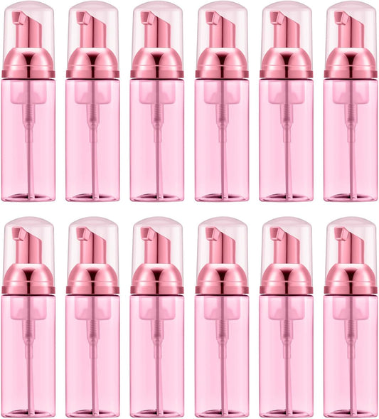 Lil Ray 2 Oz Empty Clear Rose Red Foam Pump Bottle, Travel Foamer Soap Dispenser for Lash Shampoo, Hand Soap, Foaming Cleaner(Rose Red Pump, 12 PCS)