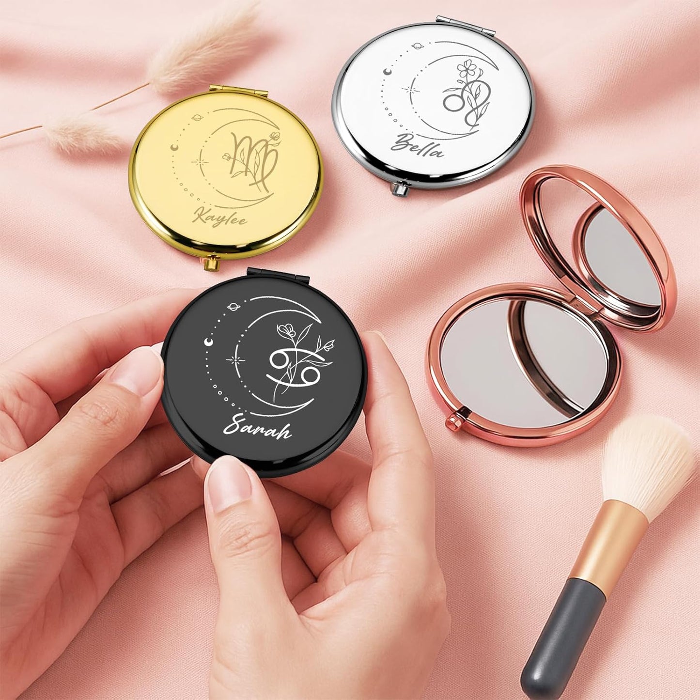 Personalized Compact Mirror, Custom Birth Flower Pocket Mirror Gift for Women Girls Daughter Mom, Customized Zodiac Travel Makeup Mirror, Wedding Favors Gifts, Bridal Shower Gifts, Stocking Stuffers
