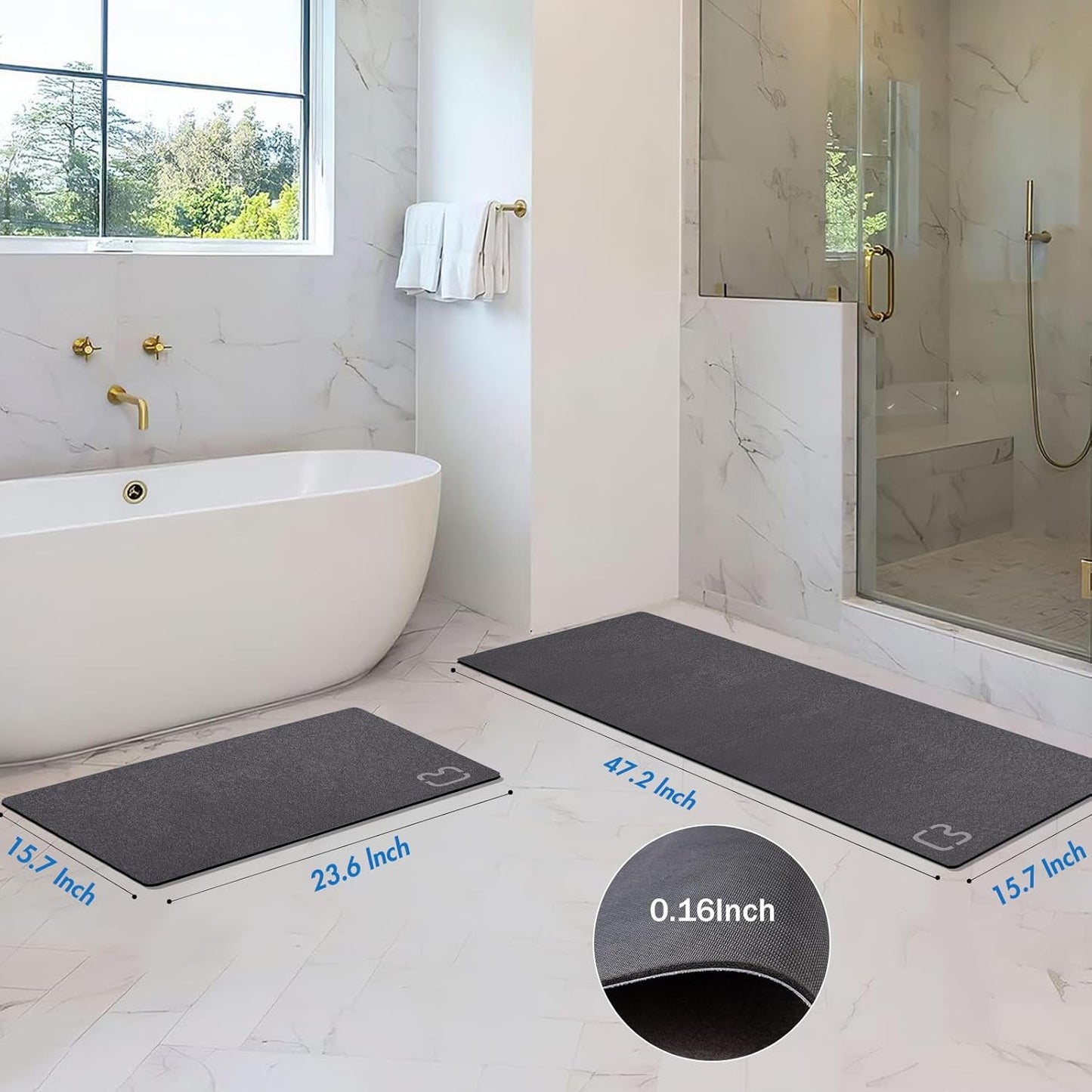 2 Piece Bathroom Rugs Mat Set - Quick Dry Diatomaceous Earth Bath Mat for Bathroom Non-Slip Bath Rug with Rubber Backing, Absorbent Bath Mats Thin Bath Floor Mat, 15.7x23.6+15.7x47.2 Inch, Dark Grey