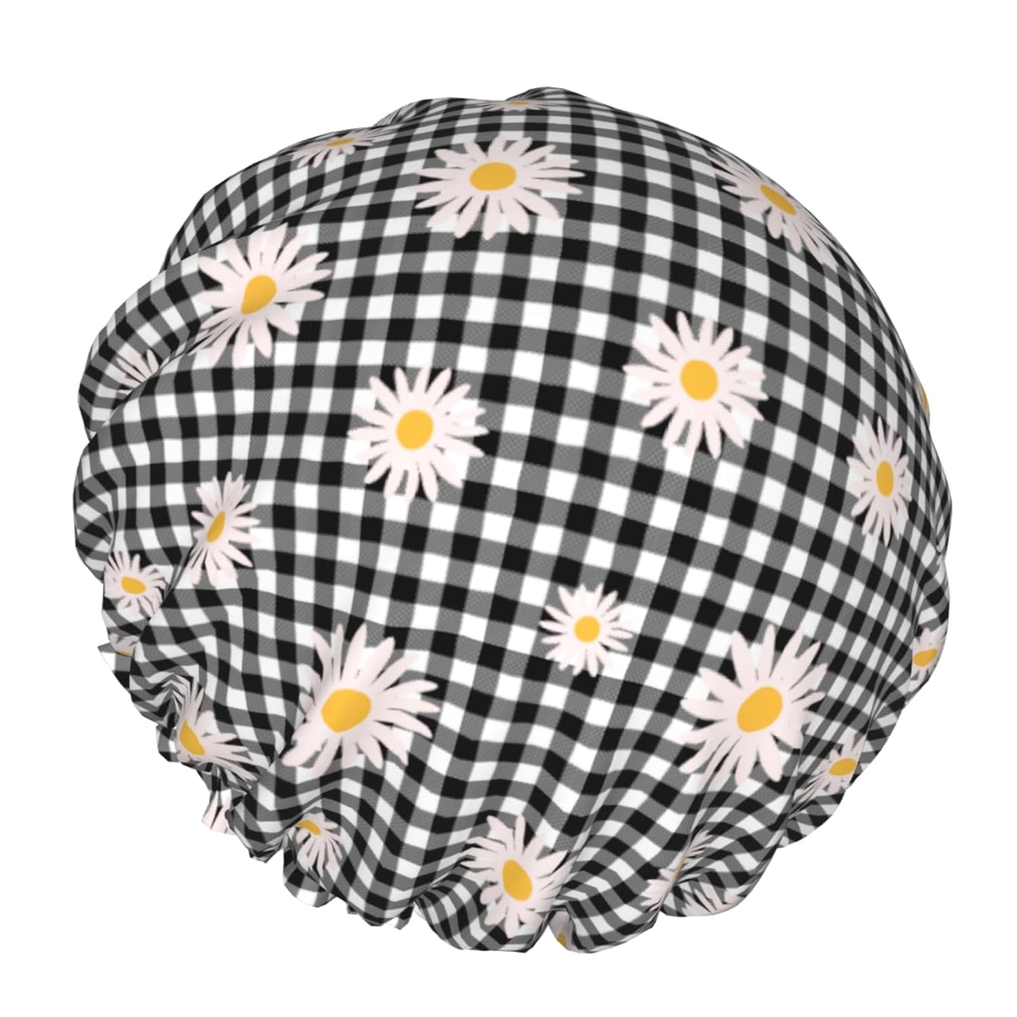 Daisy Shower Caps Black Checkered Dual-Layer Waterproof Bath Hat Flower Reusable Hair Caps Elastic Hair Hat for Shower Cooking Clean Makeup Travel