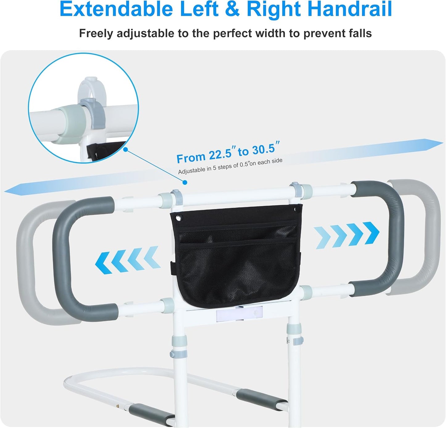 Bed Rails for Elderly Adults Safety - Elderly Assistance Products, Bedrails for Rlderly Adults Grab Bar Bed Handrails, Bed Rail with Pocket, Motion Sensor Light Fits King, Queen, Full, Twin (White)