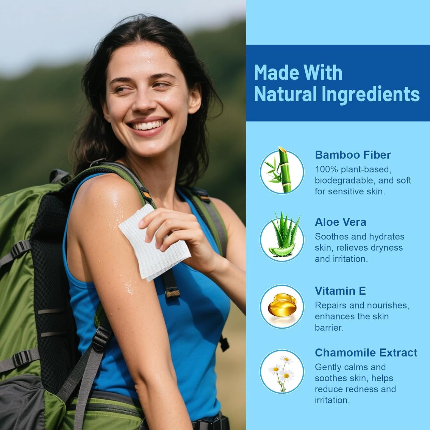 Bamboo Body & Face Wipes for Adults Bathing No Rinse, Shower Wipes 60 Count, 12"x8" Extra Thick, Unscented, Biodegradable Disposable Washcloths for Travel, Elderly, Car, Gym, Camping