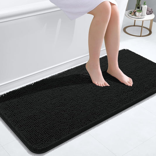 OLANLY Bathroom Rugs 47x20, Extra Soft Absorbent Chenille Bath Rugs, Rubber Backing Quick Dry, Machine Washable Bath Mats for Bathroom Floor, Tub and Shower, Home Decor Accessories, Black