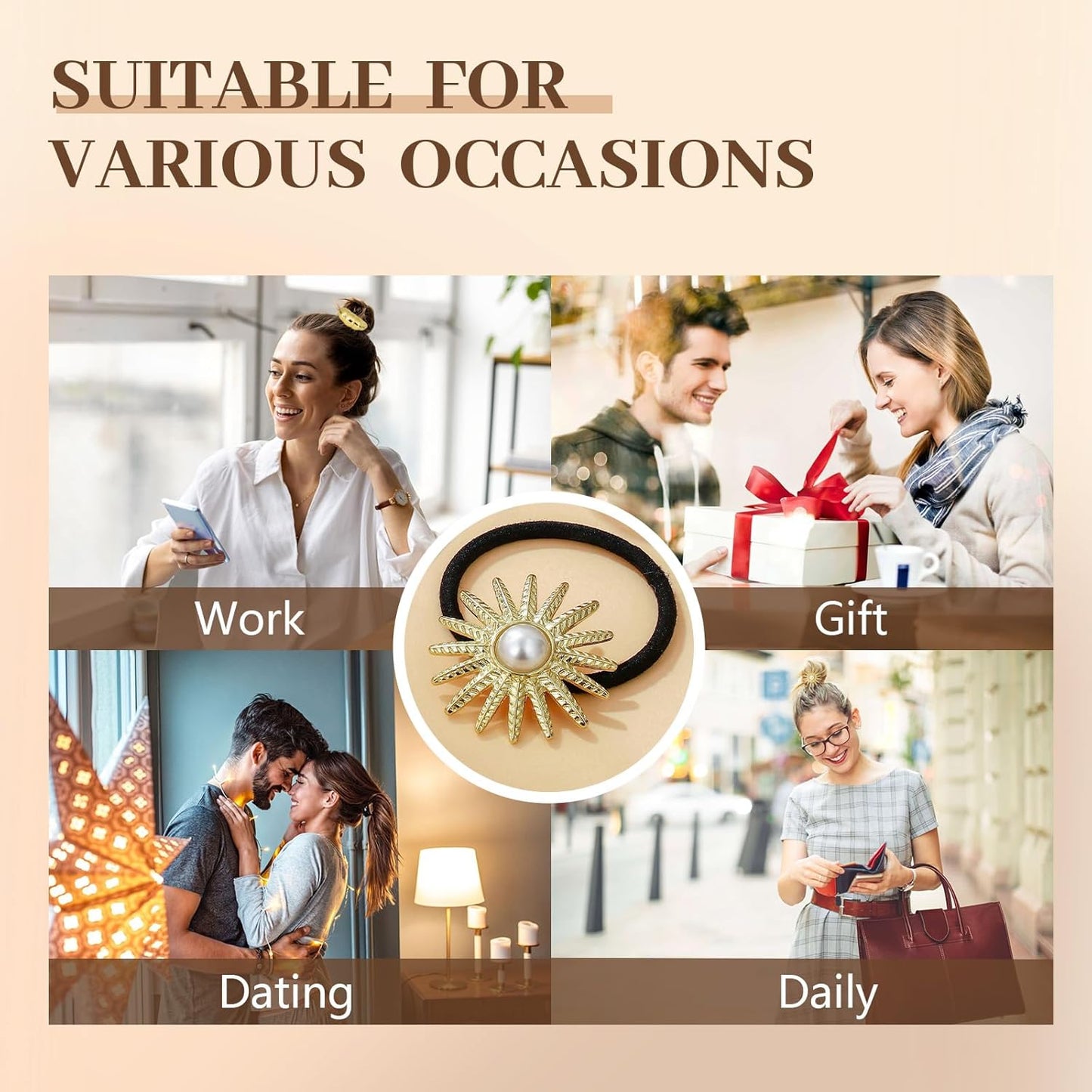 3PCS Gold Hair Ties, Metal Hair Ties for Thick Hair, Gold Ponytail Cuff Elegant Durable Geometric Design, Hair Accessories for Women, Stretchy & Non Damage Ponytail Holders with Pendant Holiday Gifts