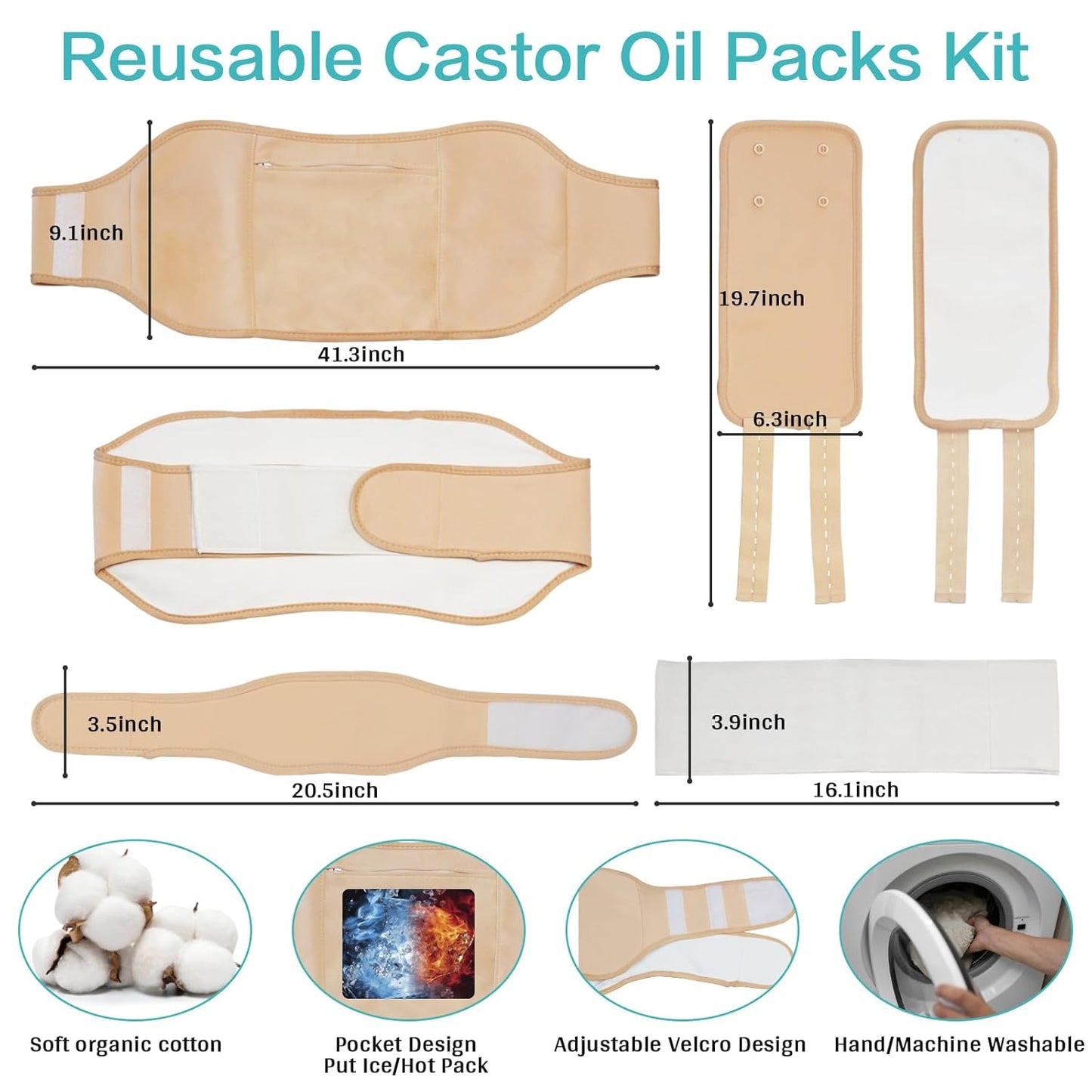 5 Pcs Castor Oil Wrap, Adjustable Elastic Organic Castor Oil Packs for Belly Waist Neck Knee,Castor oil Pack Wrap Pads for Liver Detox Blood Circulation Women Men Christmas Gifts