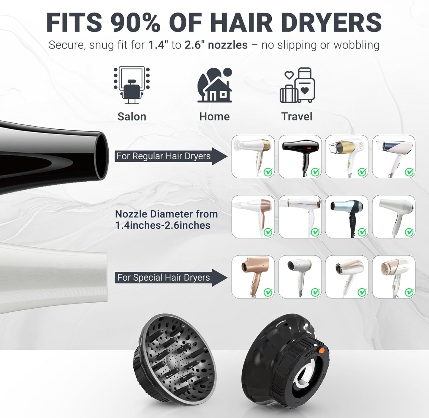 Universal Hair Diffuser for Blow Dryer - Fits All 1.4-2.4 inch Dryers, Professional Ionic Diffuser Attachment for Curly/Wavy Hair, Reduces Frizz & Enhance Curls, Lightweight, Travel-Friendly (Black)