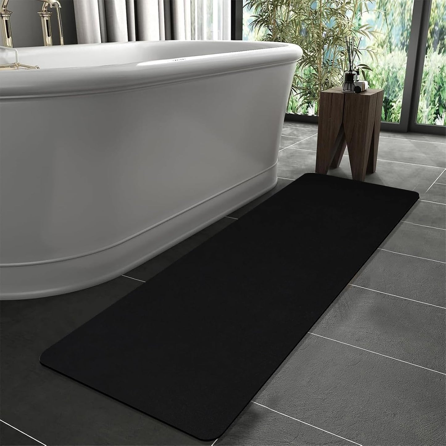 Diatomaceous Earth Bath mat Bathroom Rugs Super Absorbent Quick Dry Non Slip Bath Mat Thin Bathroom Floor Mats Fit Under Door-Shower Rug for in Front of Bathtub Shower, Black, 23.6"x66.9"