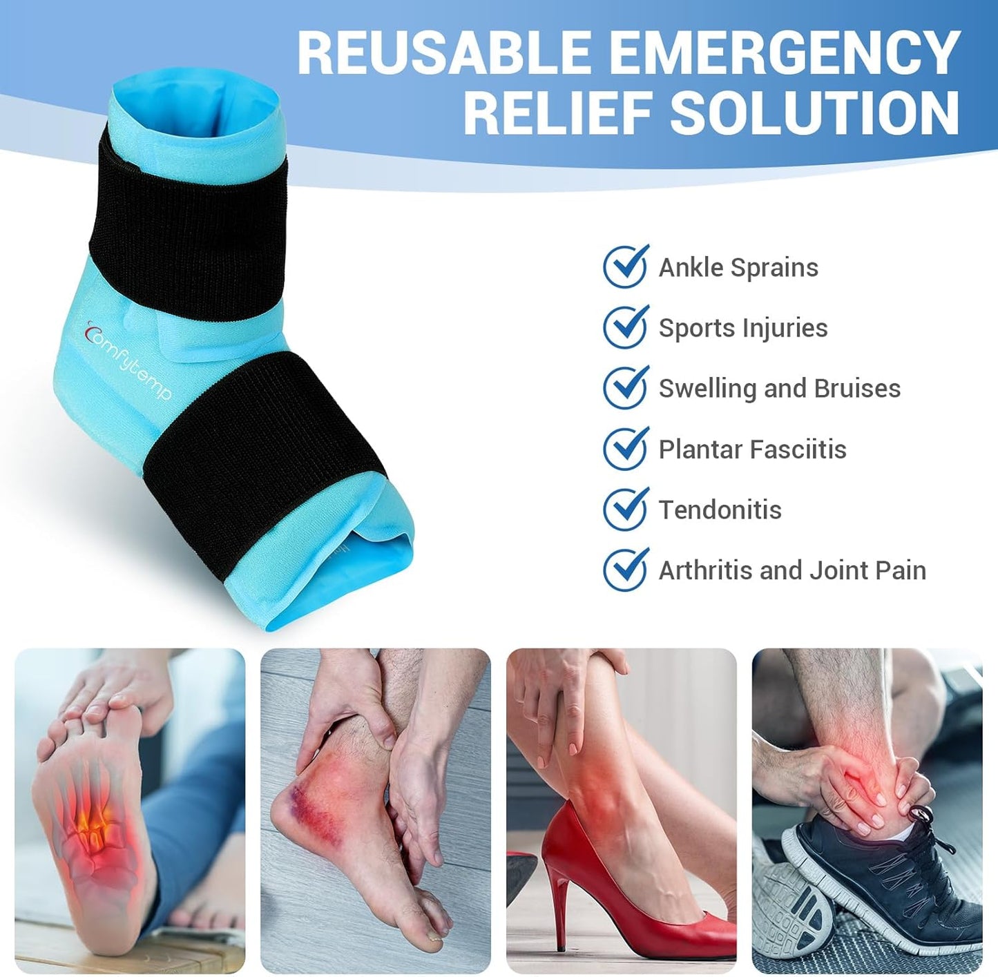 Comfytemp Large Ankle Foot Ice Pack Wrap for Plantar Fasciitis Relief, Ankles Brace for Sprained Ankle, Heel Spur, Swelling, Achilles Tendonitis, Pain, Hot & Cold Therapy, Surgery Get Well Gift, 2 Pcs