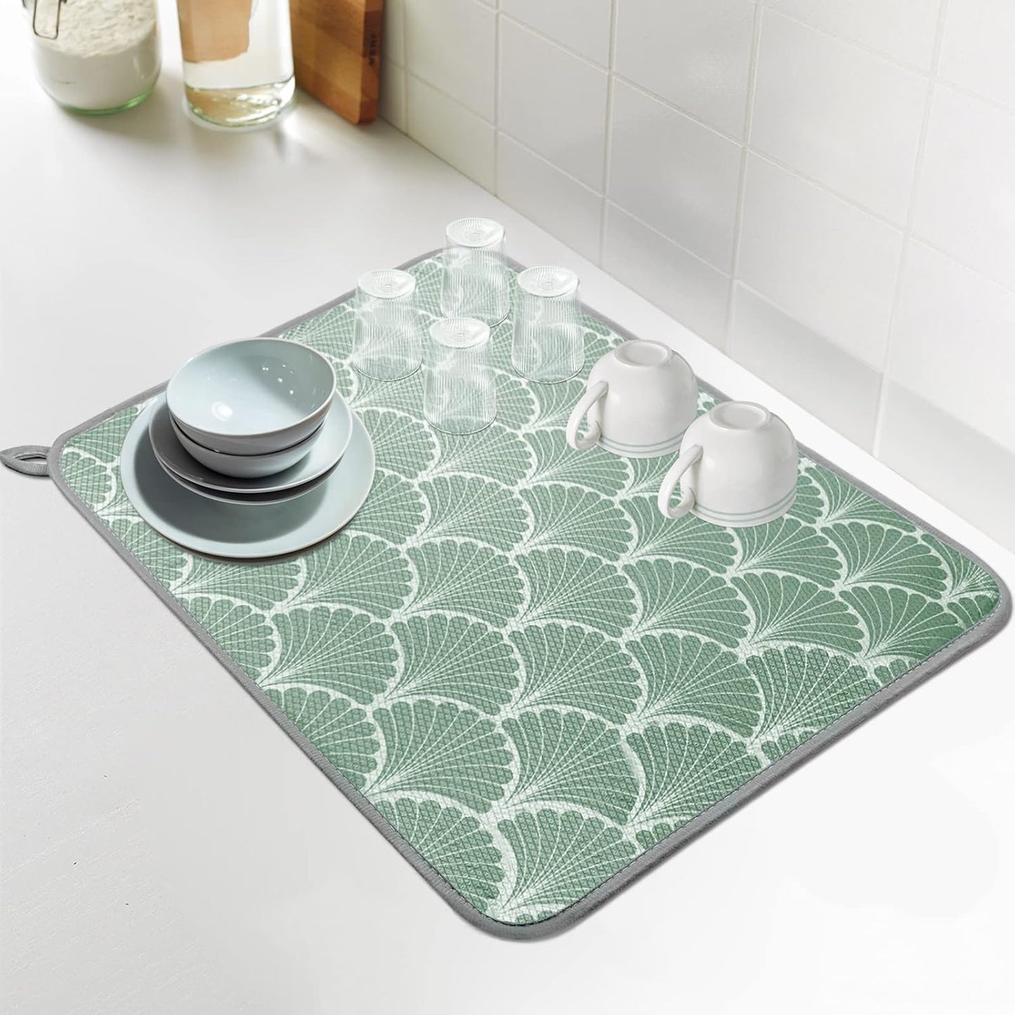 SHIYUE Dish Drying Mat for Kitchen Counter Super Absorbent Spring Kitchen Decor Microfiber Drying Matainers Rack Fast Pad Dish Drainer Mats(Green Shell Geometric,18''x24'')