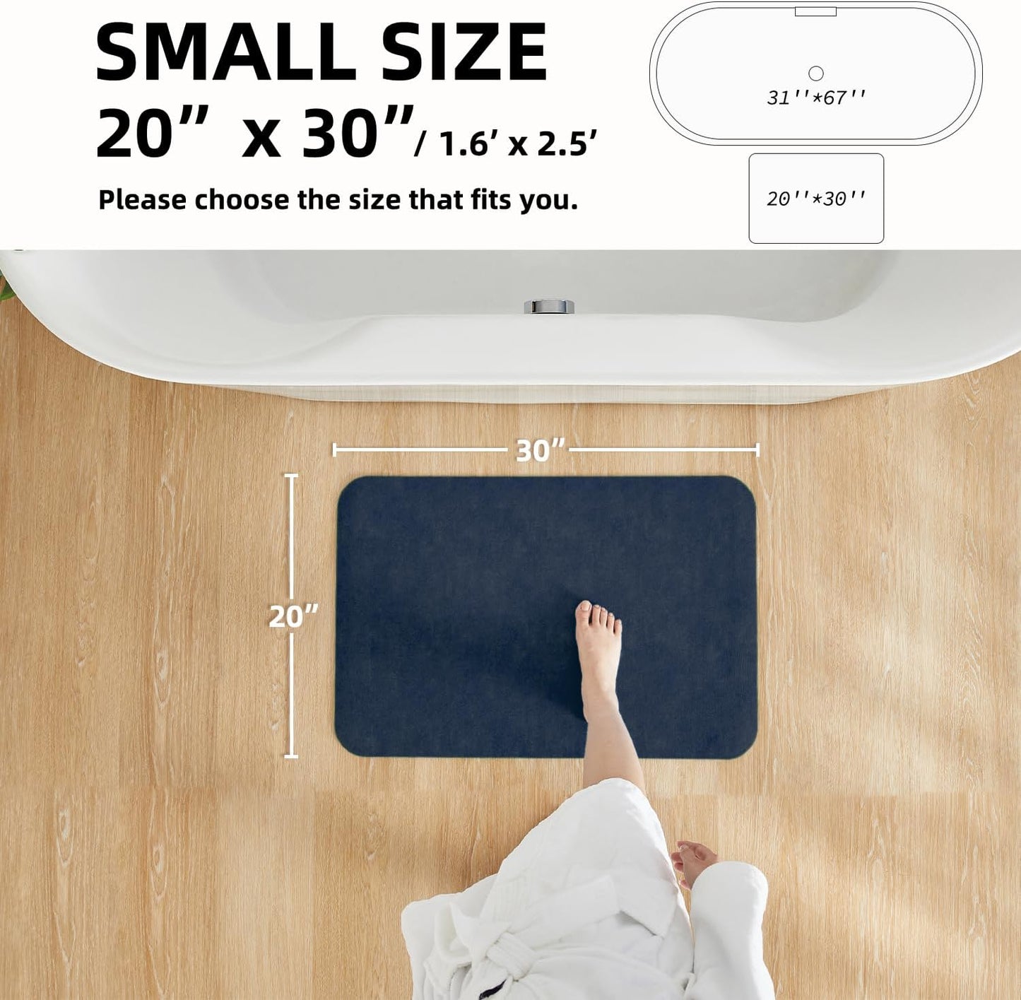 Bathroom Mat Quick Dry, Bathroom Rugs Non Slip Washable Thin Absorbent Bath Mat Fits Under Door Bathroom Floor Mat Perfect for Bath, Shower, or Sink 20"x30" Navy Blue