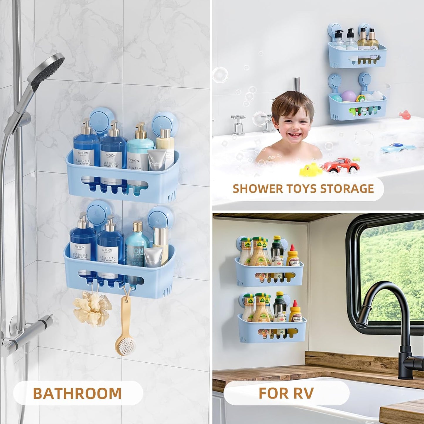 LEVERLOC Shower Caddy Suction Cup 2 Pack, Shower Organizer Removable Bathroom Shelf, Storage Suction Powerful Max Hold 22lbs Bathroom Caddy Waterproof Holder, Blue