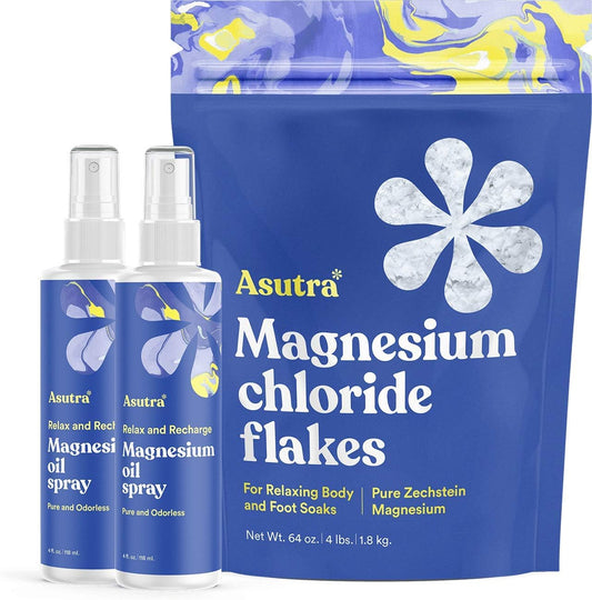 ASUTRA Topical Magnesium Bundle, 4 fl oz Magnesium Oil Spray (Pack of 2), 4 lb Bag of Bath Flakes, Rapid Absorption, Pure and Odorless, Derived from Zechstein Seabed