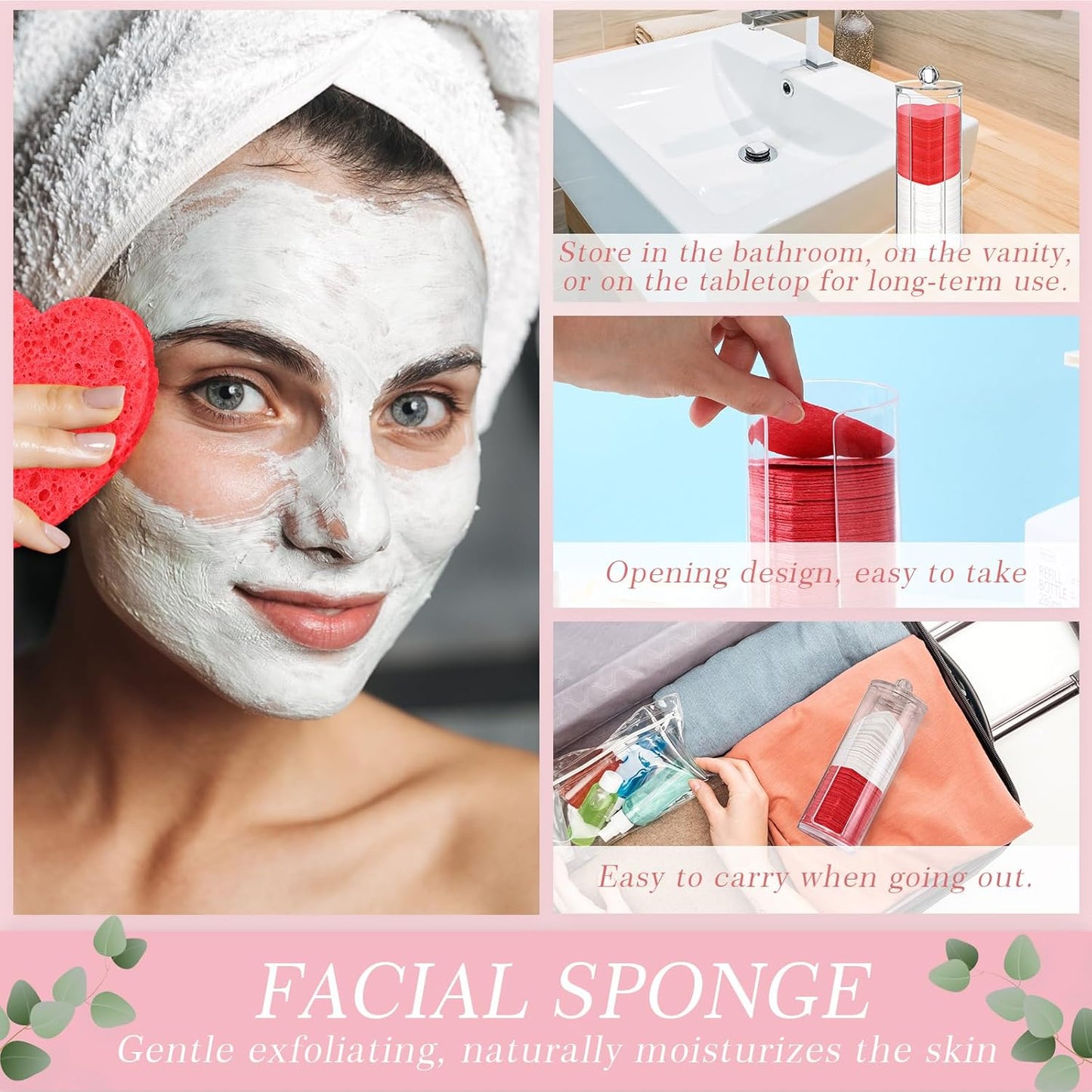 Sieral 120 Pcs Compressed Facial Sponges with Container Disposable Face Sponge Pads for Washing Face Cleansing Exfoliating Esthetician Makeup Removal (Heart,Red, White)