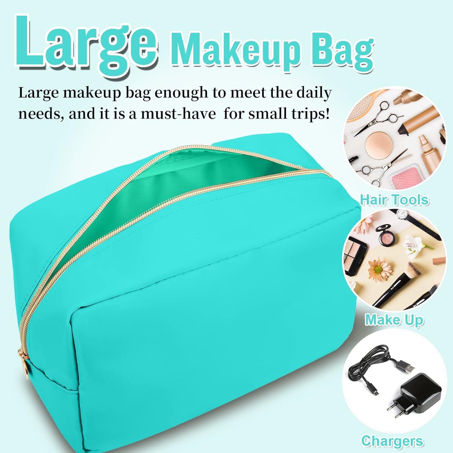 Nylon Large Makeup Bag Travel Pouch for Women, Preppy Big Makeup Bag Cute Cosmetic Zipper Pouch Purse, DIY Chenille Letter Bag Waterproof Toiletry Bag Clutch Make Up Organizer for Women Girls(Mint)