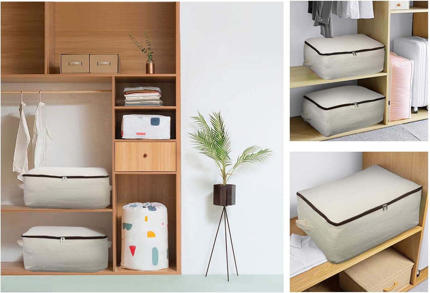 2PCS Canvas Storage Bag, 12OZ Thick Soft Breathable Closet Organizer for Beddings, Comforters, Pillows, Blankets, Clothes, 25.6×18.5×8.7inch, Beige