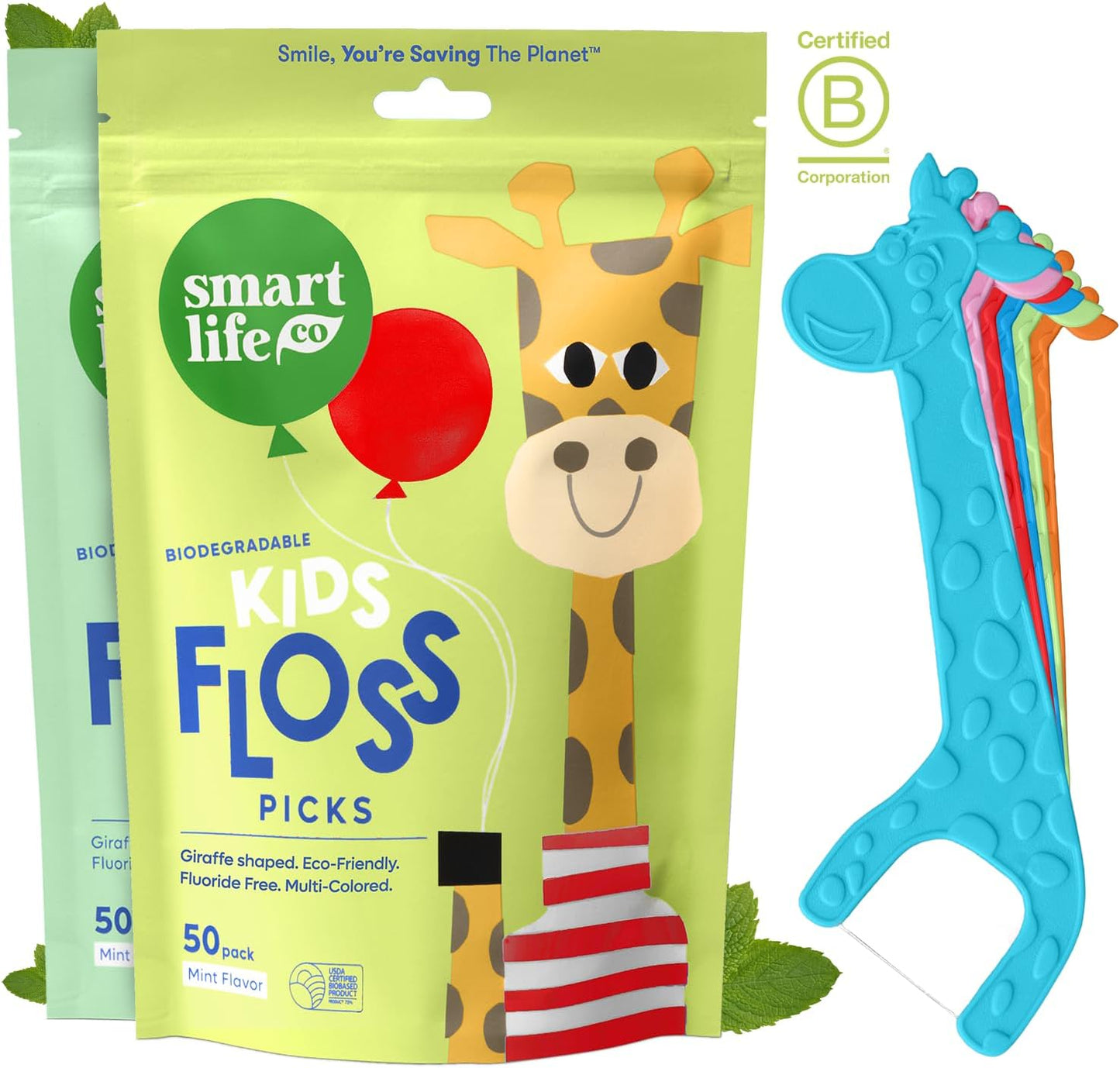SmartLifeco Eco-Friendly Kids Flossers (100ct) - The Original Straw Wheat Dental Floss Picks for Children, Fluoride & PFA Free, Toothpick Flossing Sticks for Toddlers Teeth, No Shred Thread, Mint