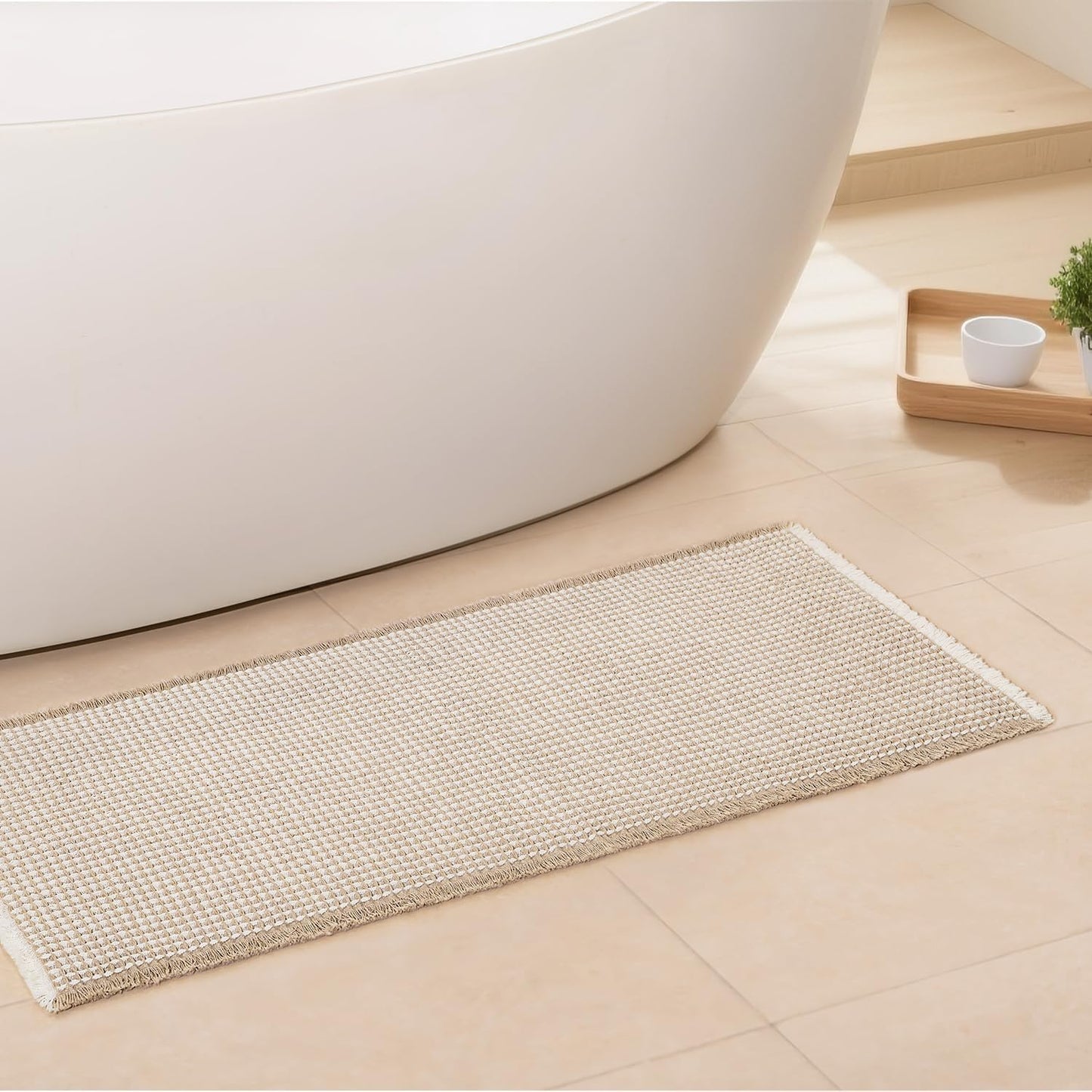 Waffle Runner Bath Mat - Long Boho Bathroom Rugs Non Slip Washable, Super Absorbent & Quick Dry, Soft Bath Mat Farmhouse Bathroom Decor, 24'' x 60'', Khaki and White