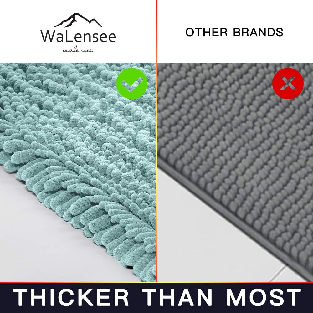 Walensee Bathroom Rug 2 Pieces Set Non Slip Bath Mat (20"x32" Plus 20"x32" spa Blue) Water Absorbent Super Soft Shaggy Chenille Machine Washable Dry Extra Thick Perfect Carpet for Shower Floor