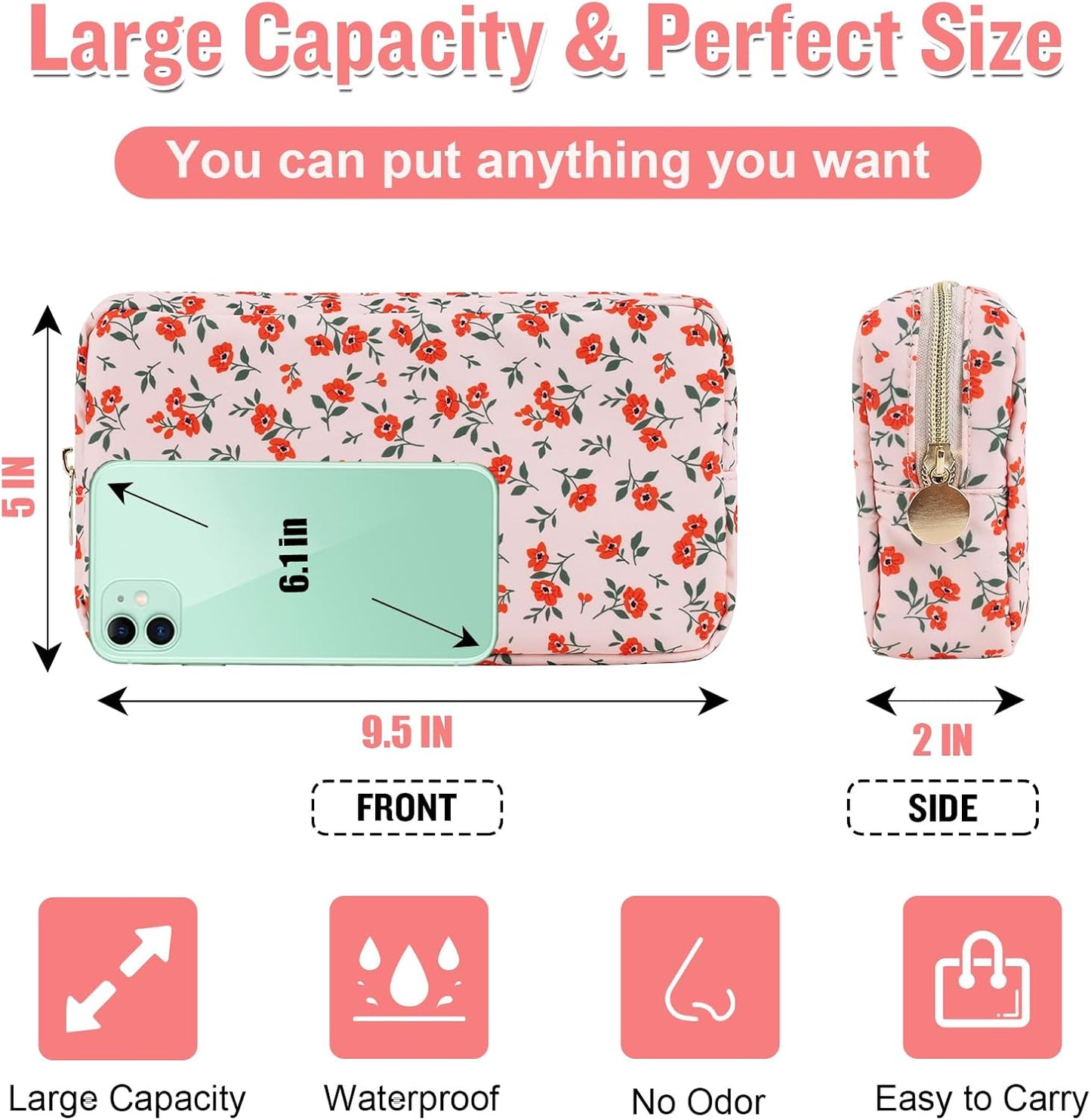Nylon Small Floral Makeup Bag for Purse, Cute Preppy Pink Makeup Bag Flower Cosmetic Zipper Pouch, Waterproof Portable Travel Toiletry Makeup Brush Bag Organizer Storage for Women Girls(Pink-Floral)