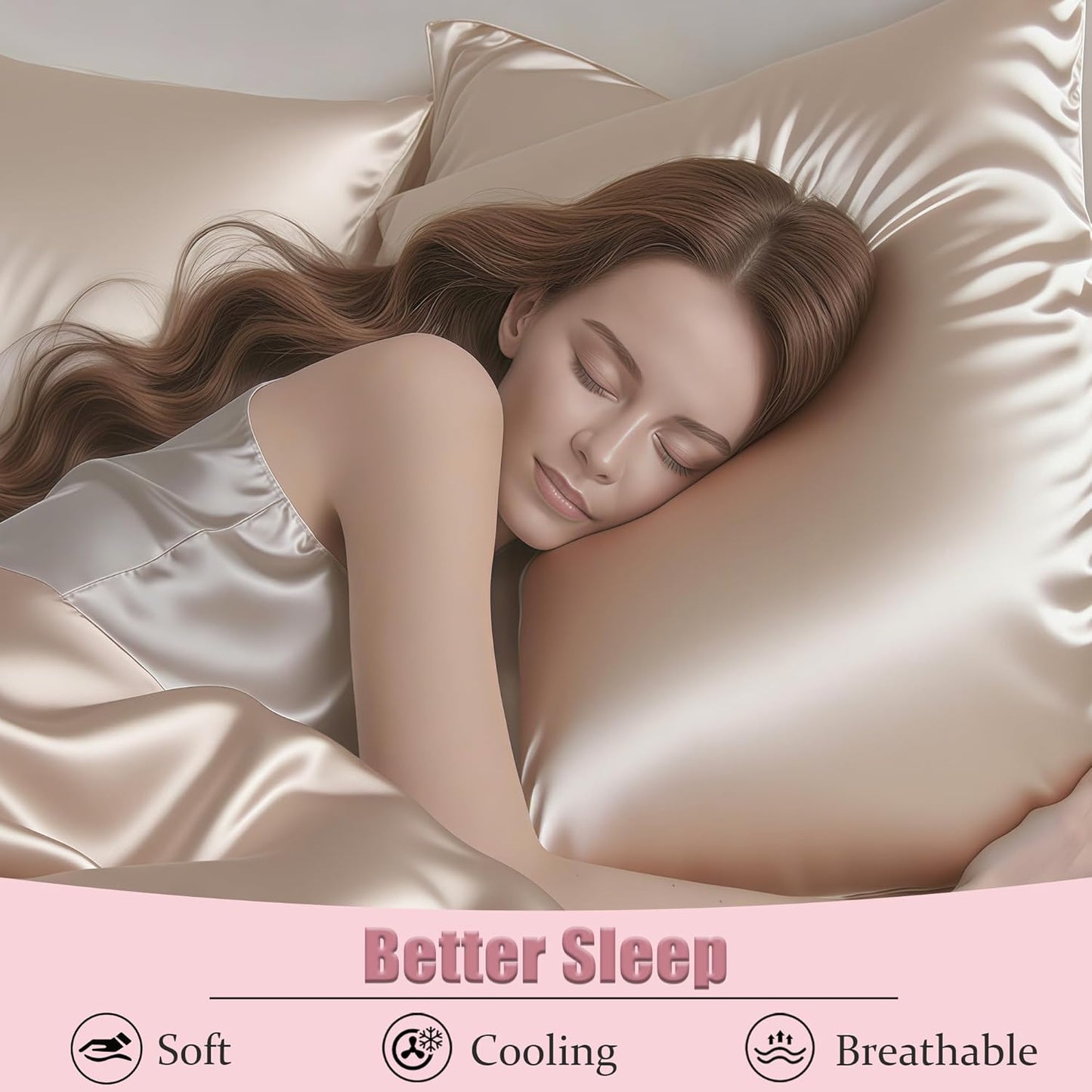 Mulberry Silk Pillow Cases with Zipper, Ultra Smooth Soft Breathable Cooling Pillow Cases for Hot Sleepers, Silk Satin Pillowcase for Hair and Skin, Gifts for Women (Champagne, Queen Size, 1 Pack)