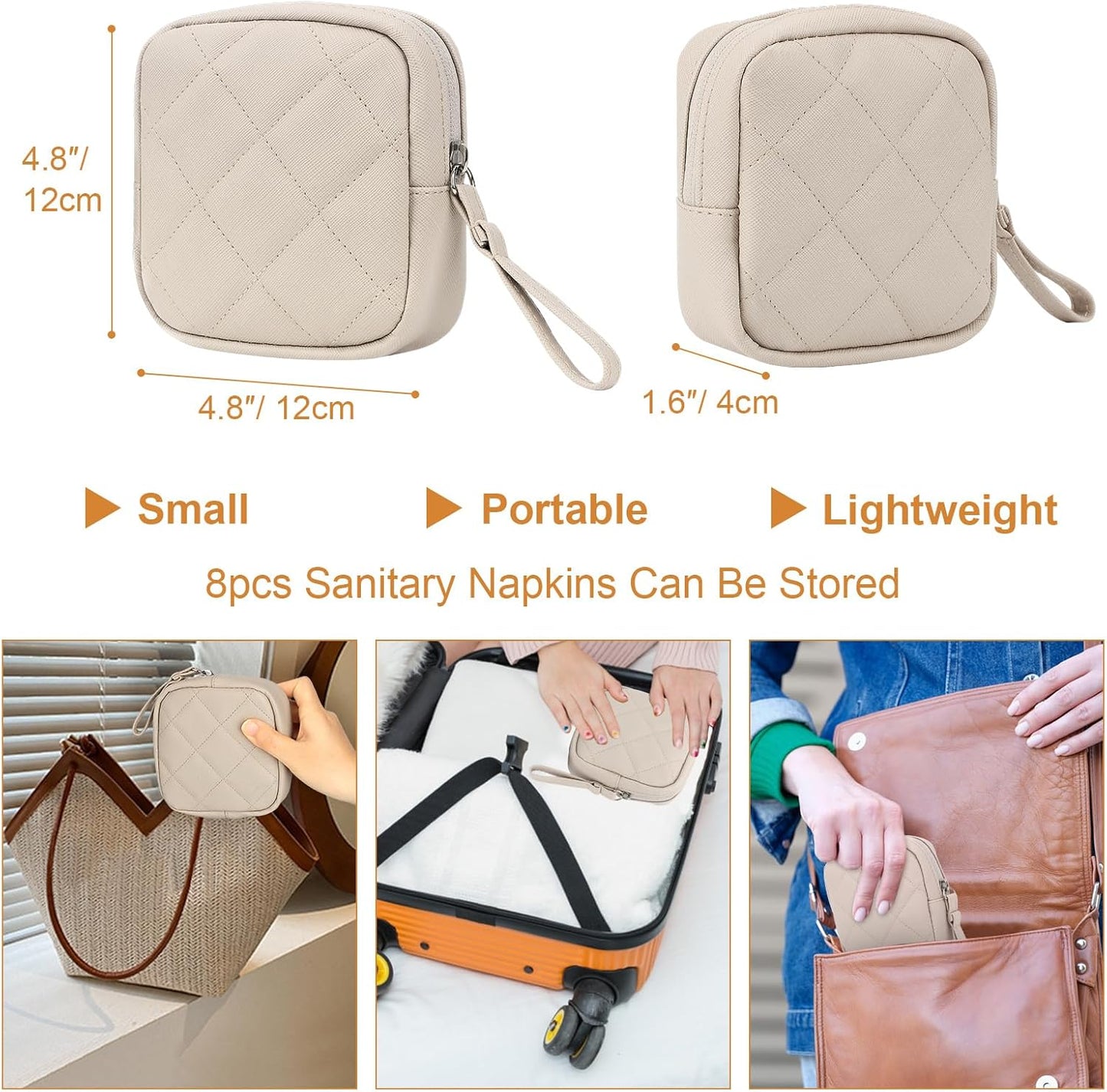 Sanitary Pad Storage Bag, Leather Period Bags for Teen Girls, Portable Tampon Menstrual Cup Pouch Nursing Pad Holder Purse, Sanitary Pouch for Feminine Products, 1 Pack(Beige)