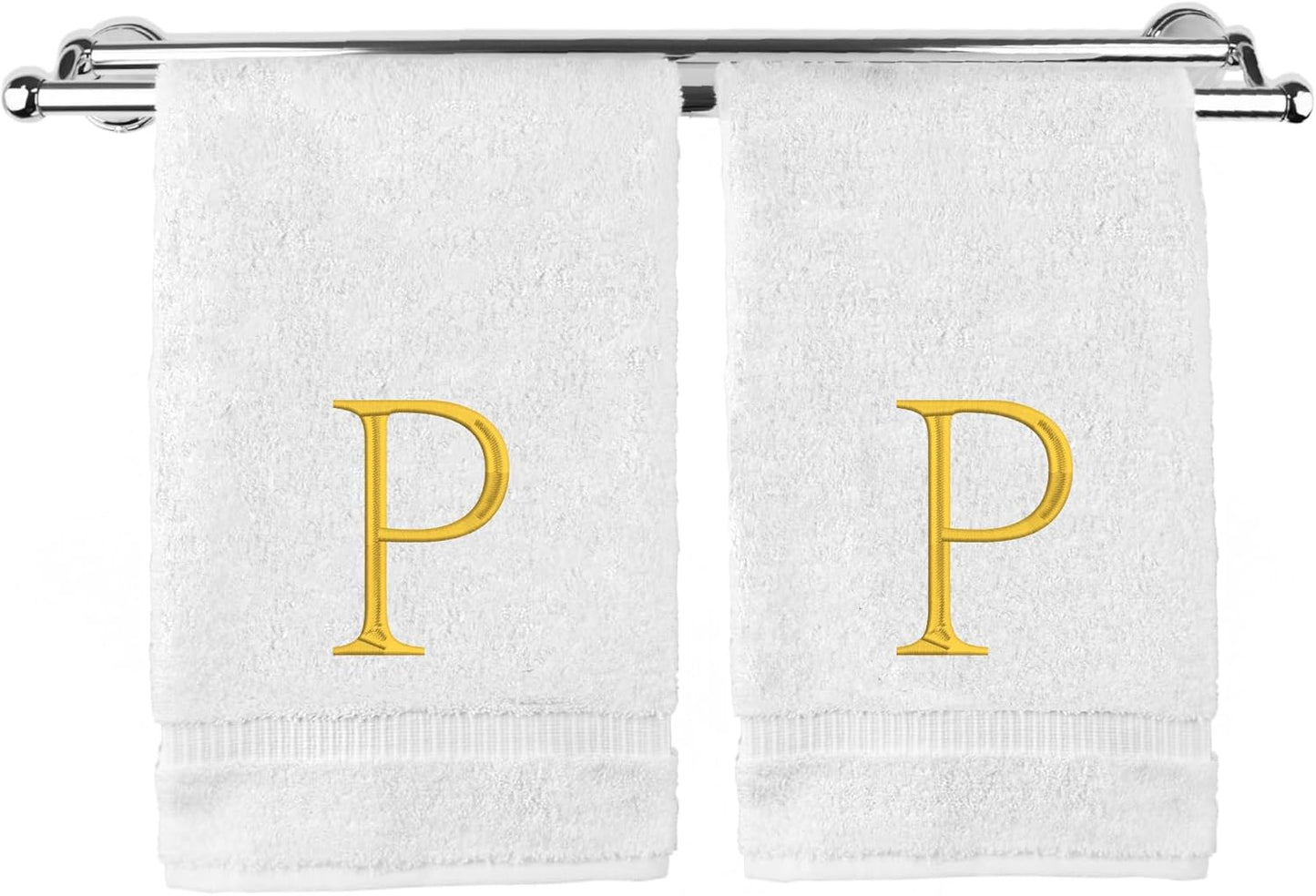 Monogrammed Hand Towel, Personalized Initial Gift, Extra Absorbent 100% Turkish Cotton - Soft Terry Finish - Set of 2 - Gold Block Initial P - Embroidered on White Towels