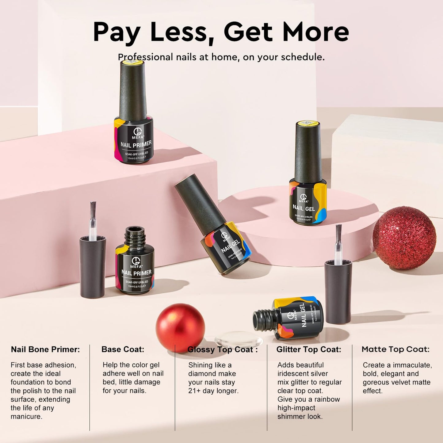 MEFA 47 PCS Gel Nail Polish Kit, 42 Colors All Seasons Collection Nude Pink White Colorful Gel Polish Set with 5 Pcs Base and Glossy/Matte/Glitter Top Coat DIY Manicure Art at Home Gifts for Women