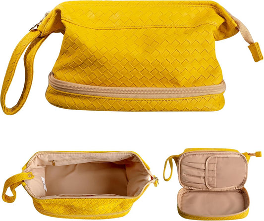 Abiudeng Large Capacity Makeup Bag Ladies Cosmetic Bag Travel Bag with Compartments Portable PU Leather Travel Makeup Bag with Handle