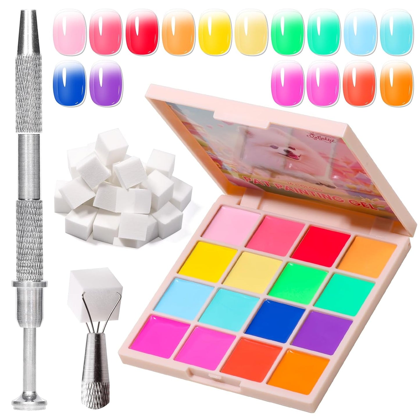 Ombre Gel Nail Polish 16 Colors, No Wipe UV/LED Curing Neon Pat Painting Patting Gels with Sponge Applicators for Blush Blooming Floral Aura French Manicure DIY Nail Art Palette