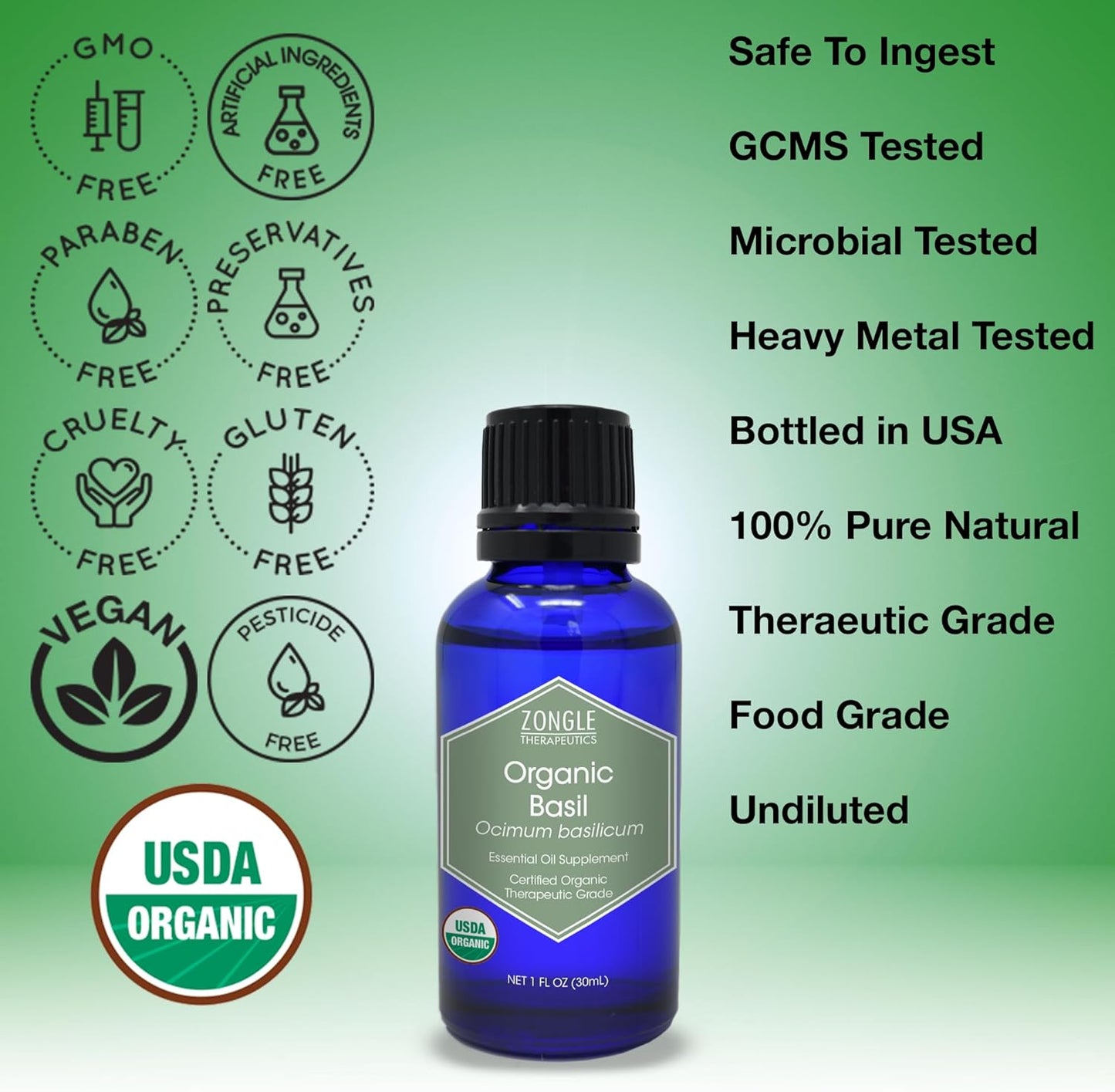 Organic, Basil Essential Oil, Food Grade – 100% Pure, Basil Oil, by Zongle Therapeutics, 1 OZ