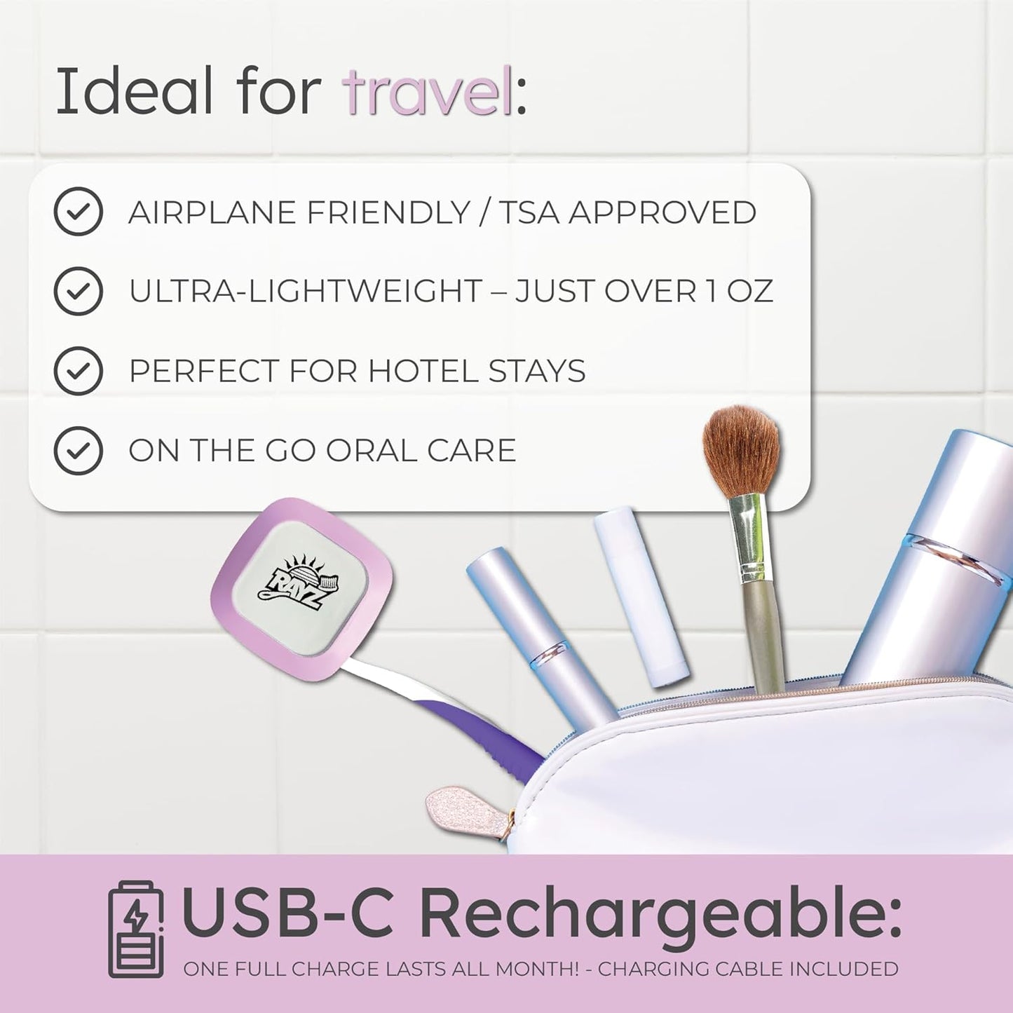 Rayz UV-C Toothbrush Sanitizer | Portable & Rechargeable | 99.9% Sanitization in 3 Minutes | Wall Mountable, Travel-Friendly & TSA-Approved (Lavender)