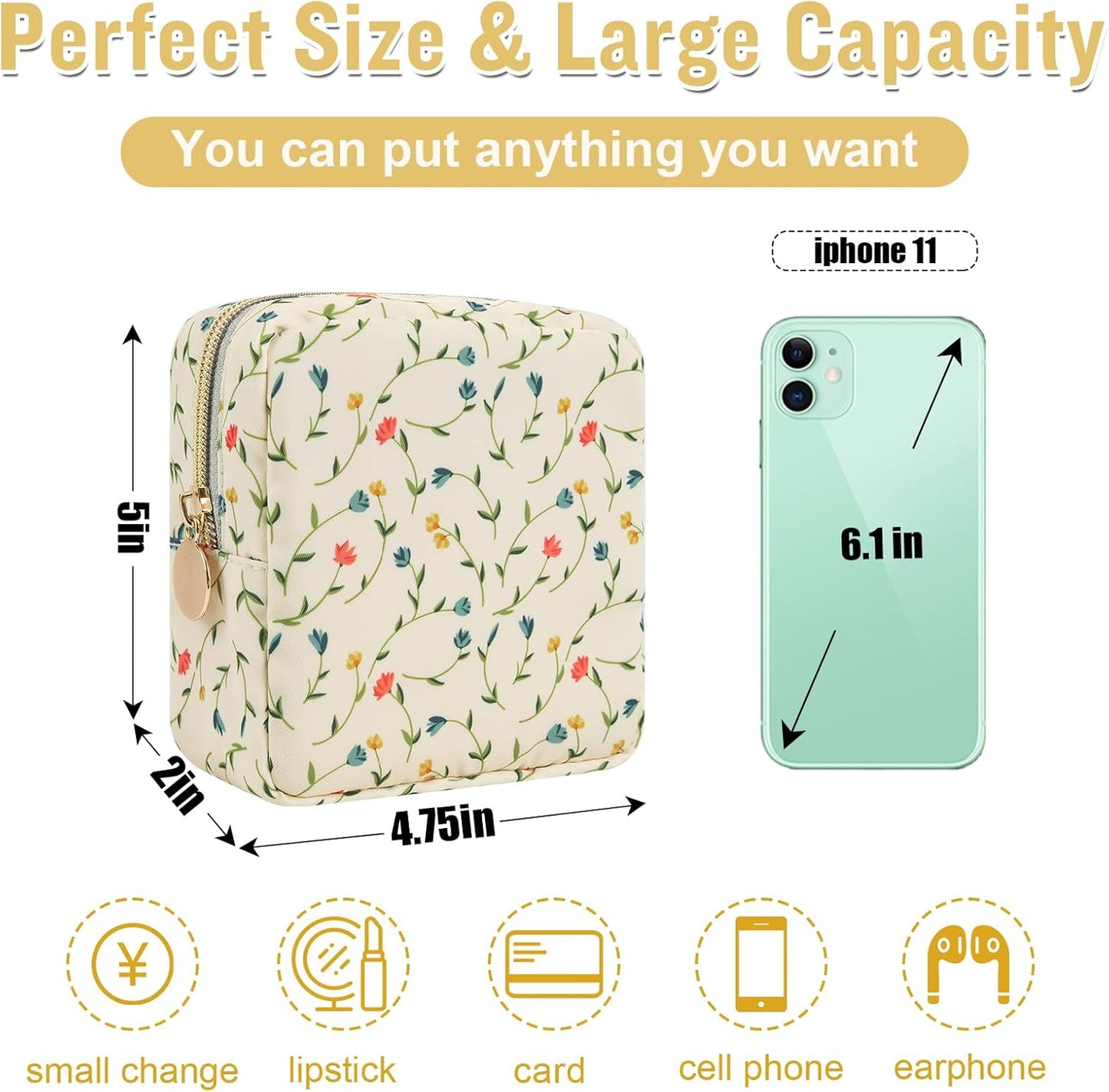 Nylon Mini Floral Makeup Bag for Purse, Small Cute Makeup Bag Preppy Cosmetic Zipper Pouch, Waterproof Travel Set Coin Pouch Sanitary Napkin Storage Bag Makeup Organizer for Women(Light Yellow-Flower)