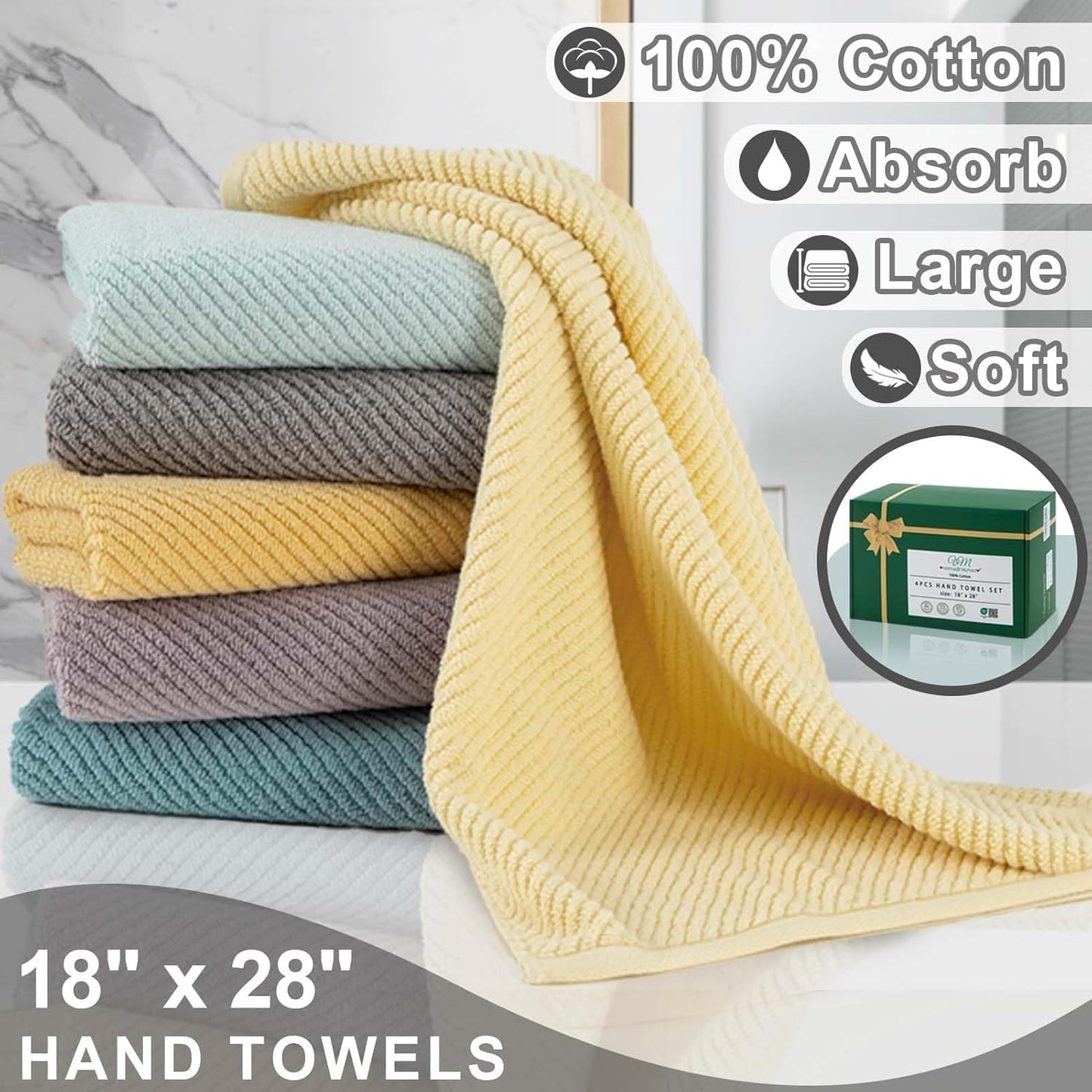 VOOVA & MOVAS White Hand Towels - 100% Cotton | Lightweight | Thick | Quick Dry | Soft | Absorbent, 4 Pack Large 18" x 28", Bath Hand Towels for Bathroom, Luxury Towel Gift Set
