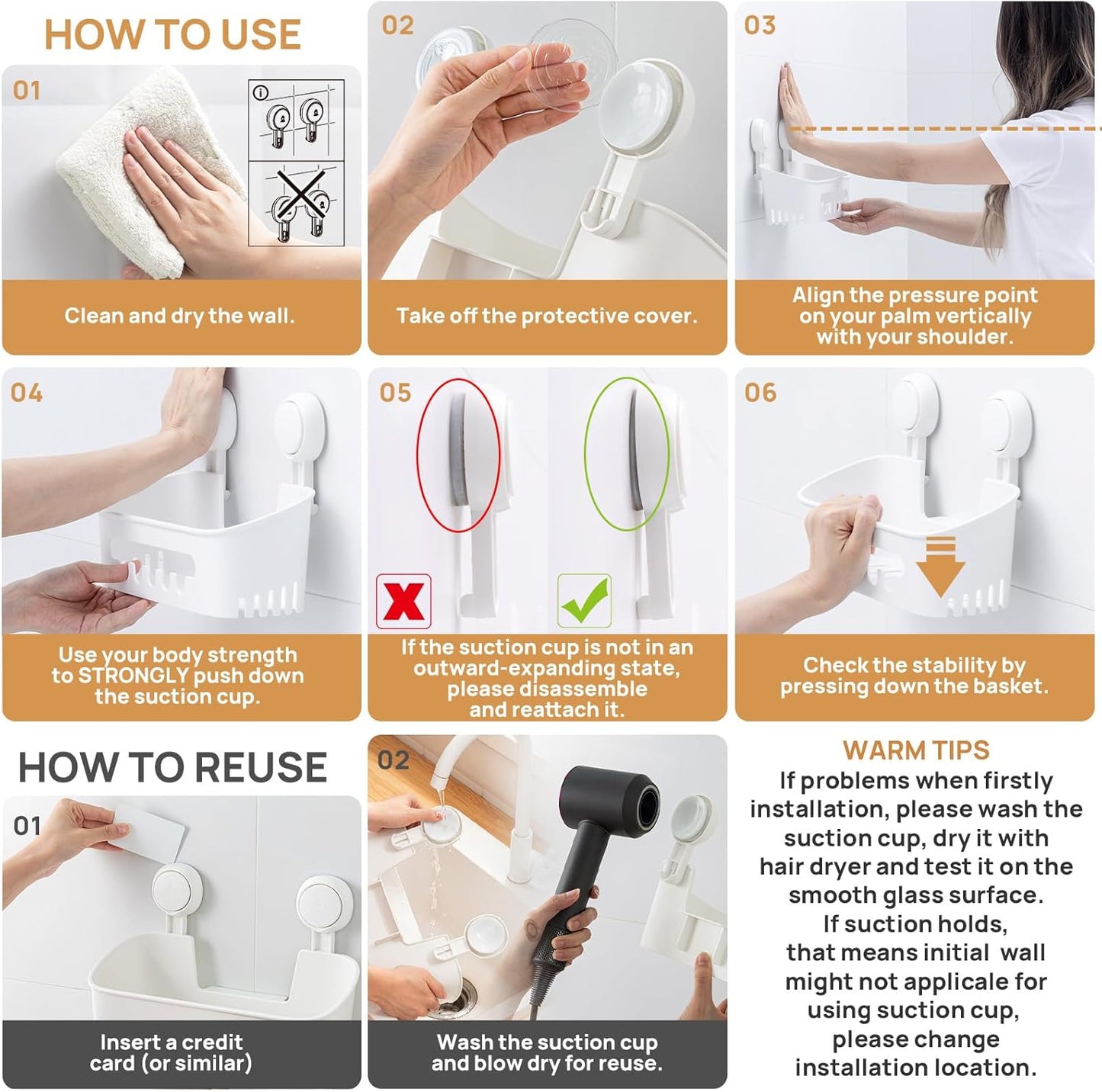 LEVERLOC Shower Caddy Suction Cup, Shower Organizer Removable Bathroom Shelf, Storage Suction Powerful Max Hold 22lbs Bathroom Caddy Waterproof Holder, White