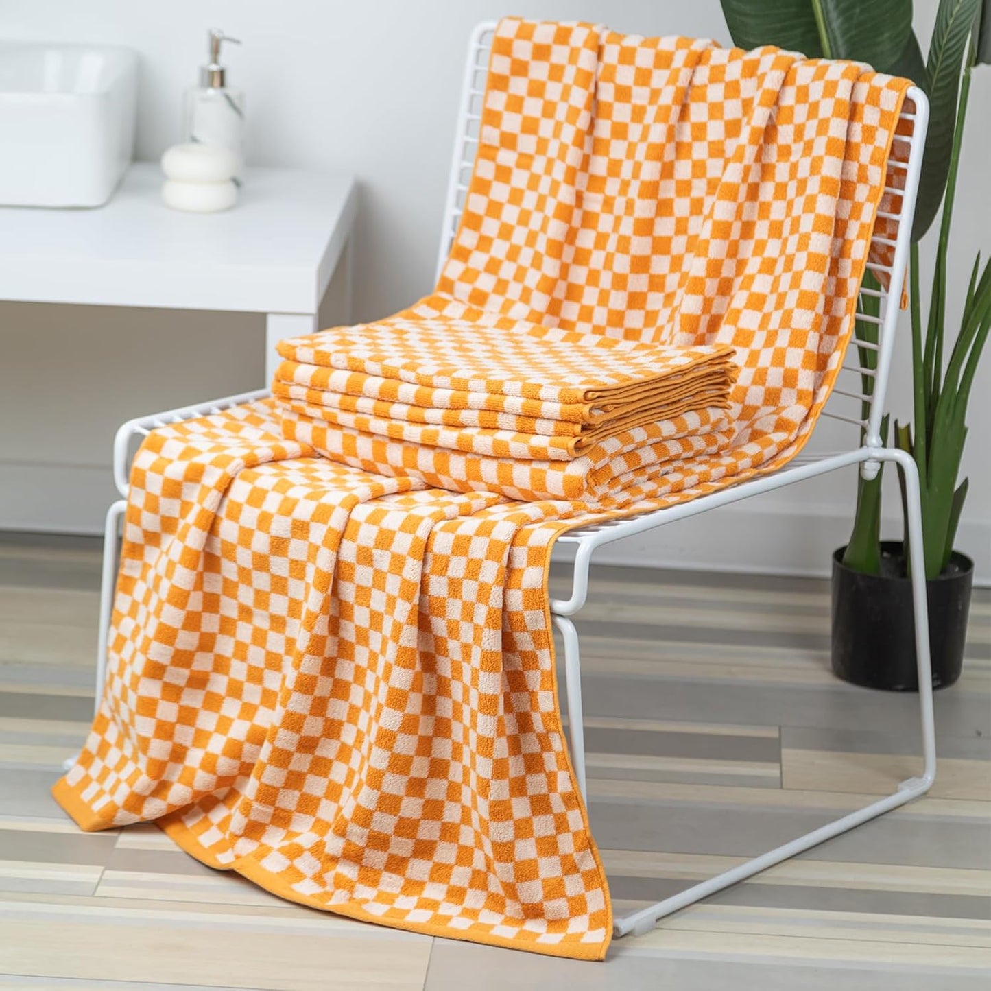 Checkered Bath Towels Set of 6 Large, 520GSM, 100% Cotton Shower Towels * 2 (55.12"*27.56"), Hand Towels * 4 (29.52"*13.77"),Towels for Bathroom、Pool、Hotel, Spa, Soft Absorbent（Orange
