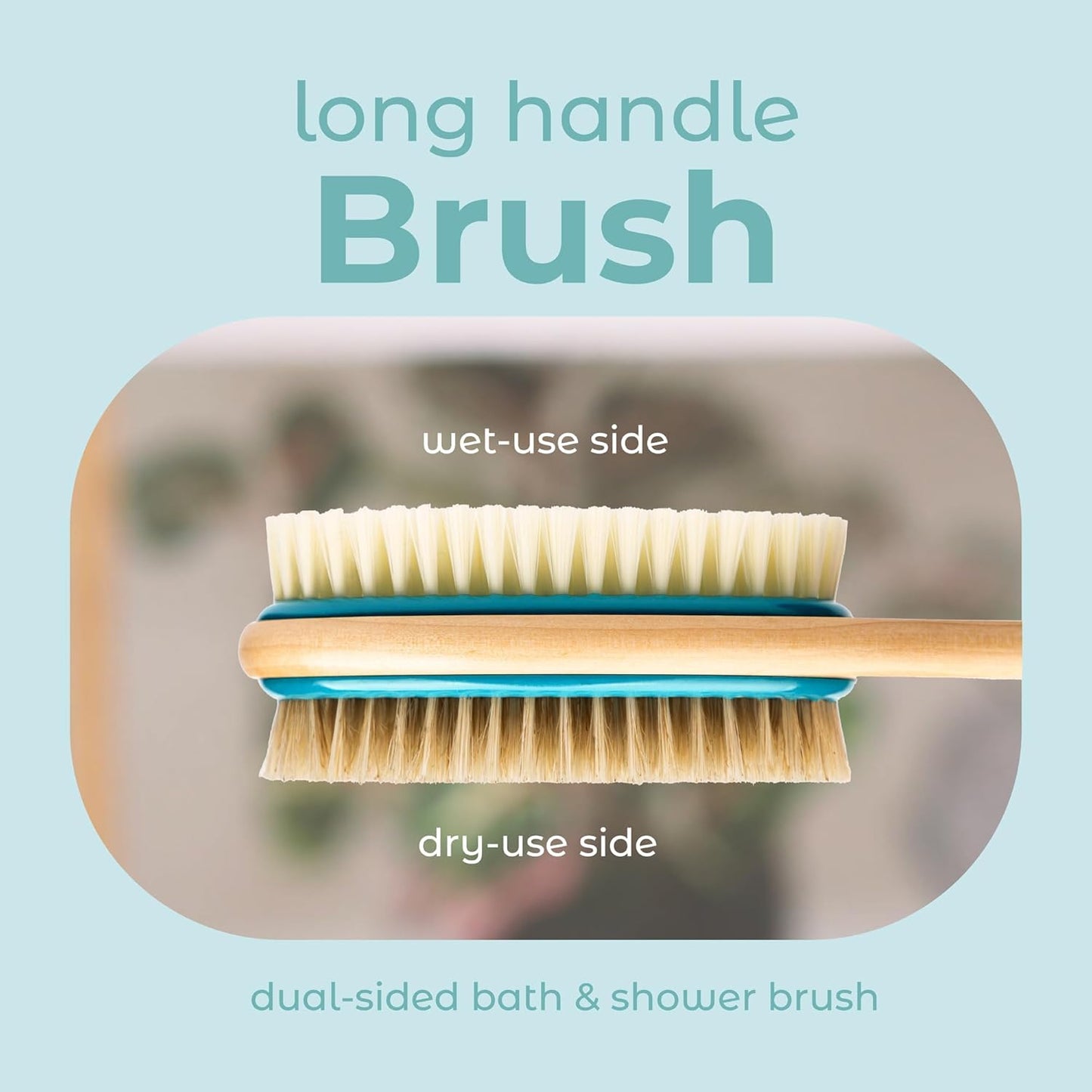 MainBasics Back Scrubber for Shower – Long Handle Dual-Sided Brush for Body Wash & Scrubbing with Exfoliating & Soft Bristles (Teal, Wood)