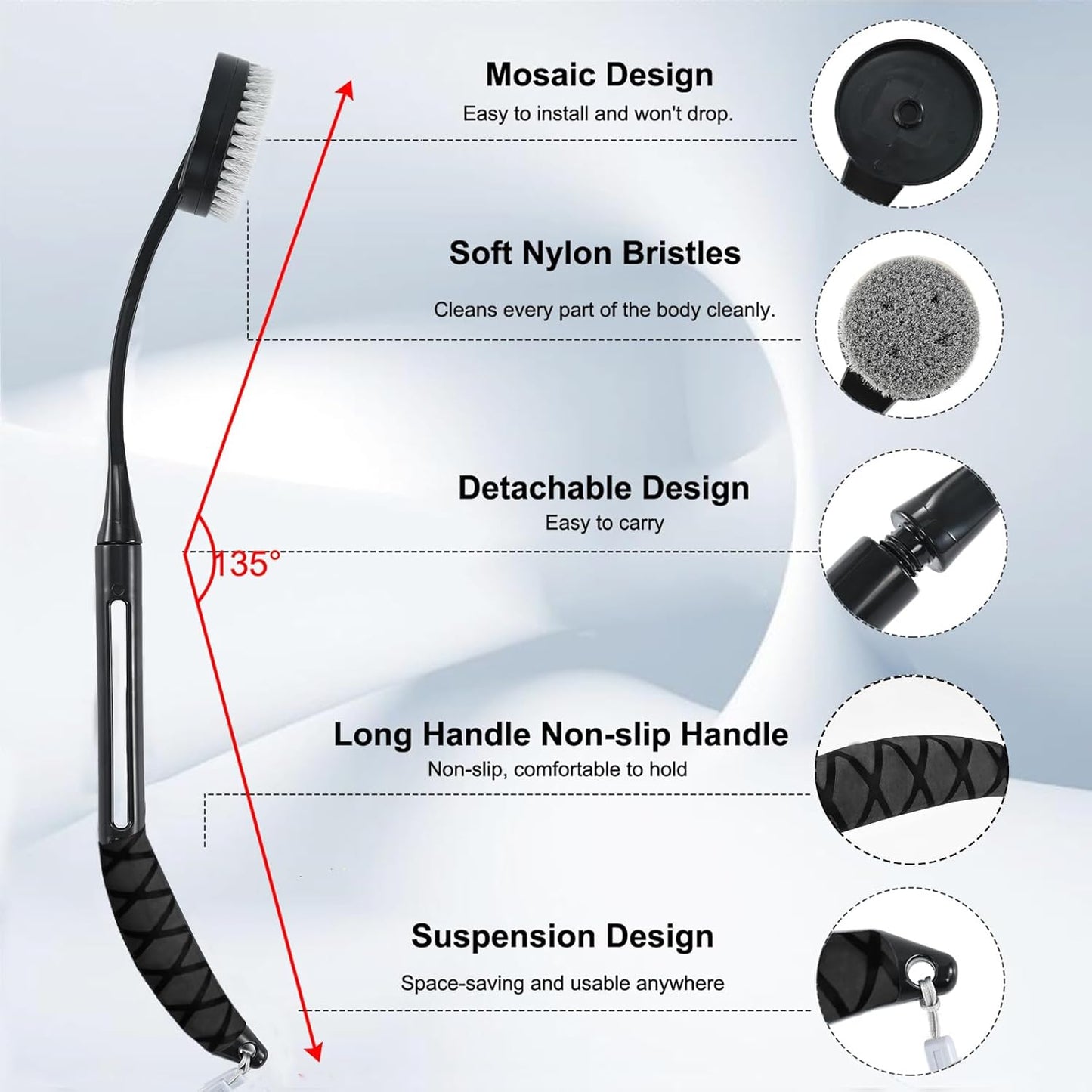 Back Scrubber for Shower,20.5" Bath Brush Long Handle for Deep Clean,Back Brush for Shower for Men Women(Black)