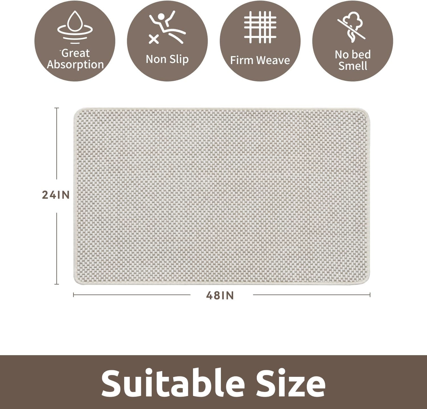 AMOAMI Chenille Bath Mat Super Absorbent Bathroom Mat Quick Dry Low Pile Bath Mats for Bathroom Washable Rubber Backed Bathroom Runners Fit Under Door, Front of Bathtub, Sink, Beige&White 24"x48"