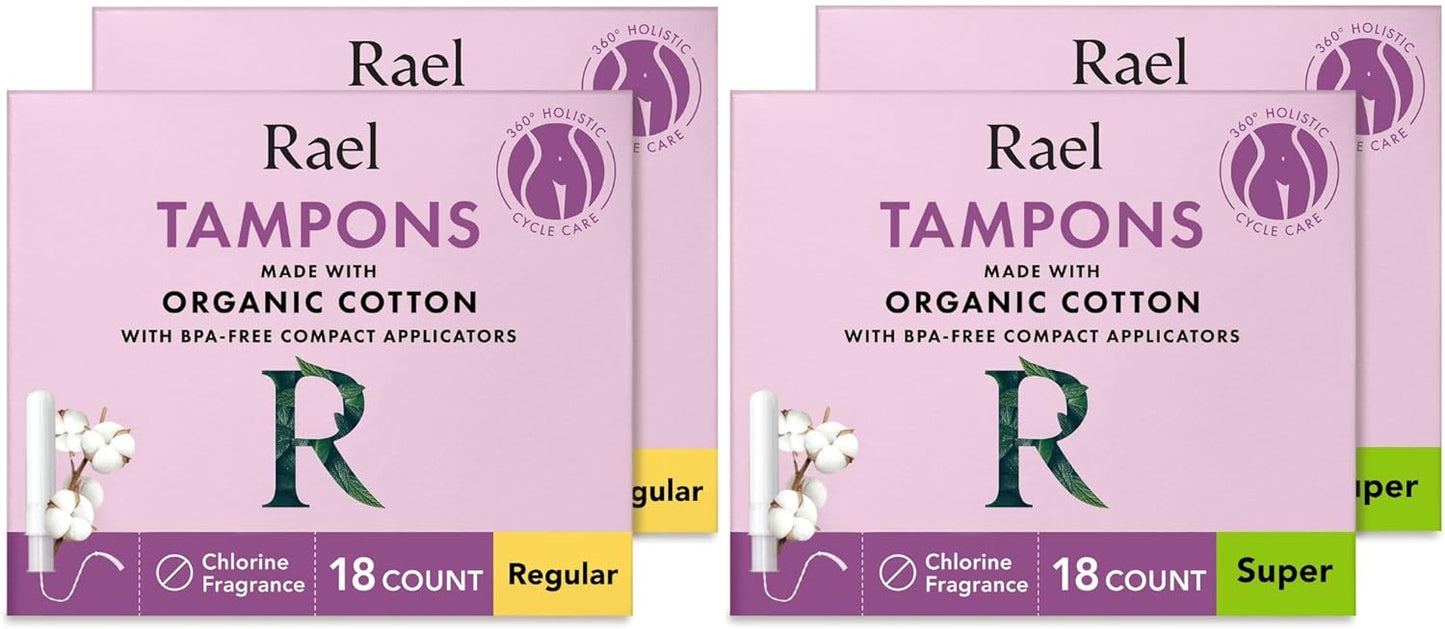 Rael Tampons, Compact Applicator Tampon Made with Organic Cotton, Multipack, Regular and Super Absorbency, BPA-Free, Chlorine-Free, Leak Locker Technology (72 Count, Bundle)