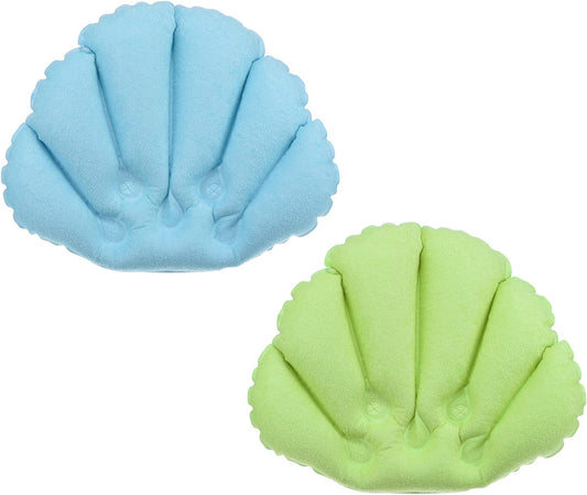 PATIKIL Inflatable Bath Pillow with Suction Cups, 2 Pack Terry Cloth Covered Shell Shape Soft Bath Spa Cushion Neck Support for Bathtub Hot Tub (Blue, Green)