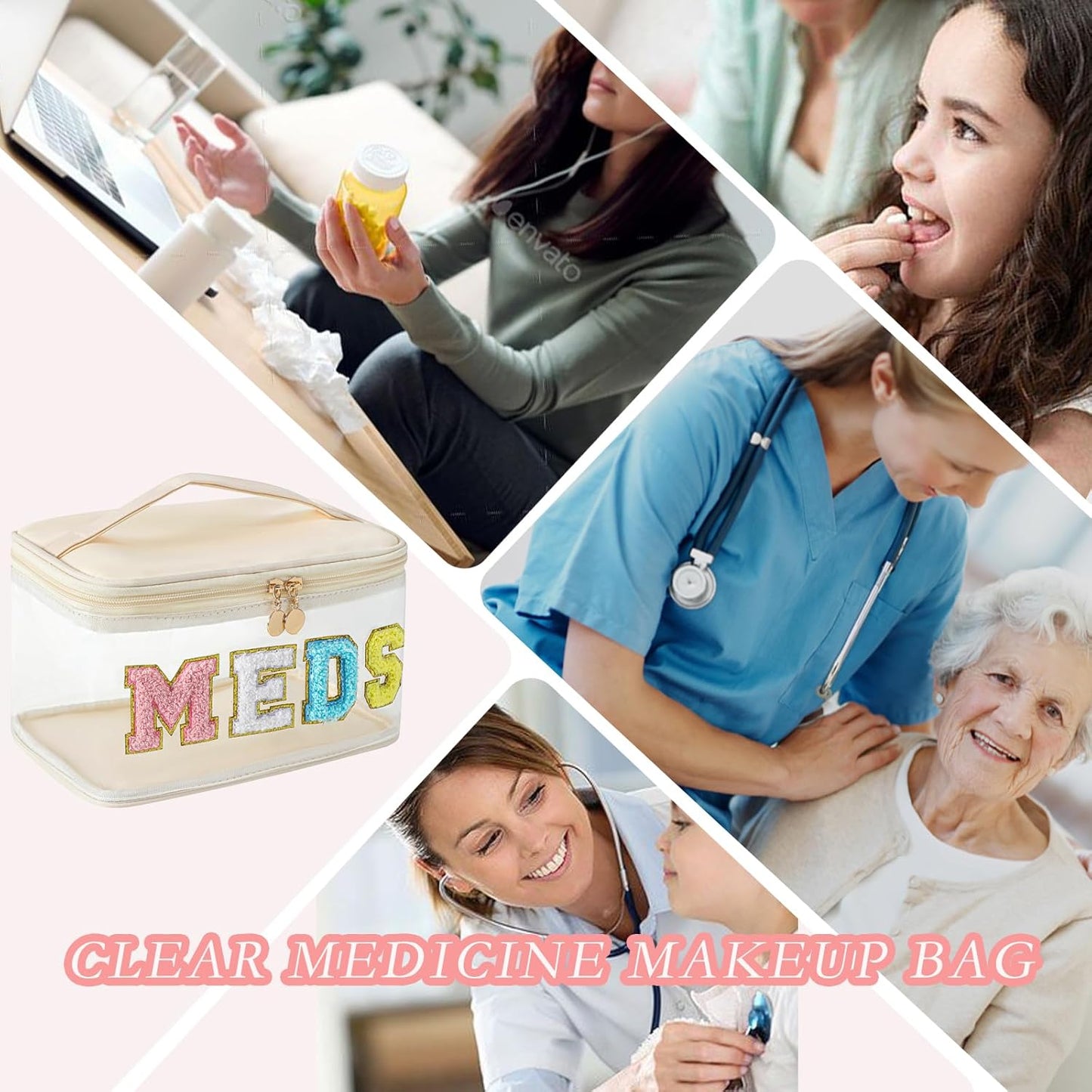 Chenille Letter Clear Medicine Makeup Bag, Large Size Waterproof Nylon Cosmetic Toiletry Storage bag with Top Handle, Transparent Meds First Aid Travel Organizer Cosmetic Bag(03Beige)