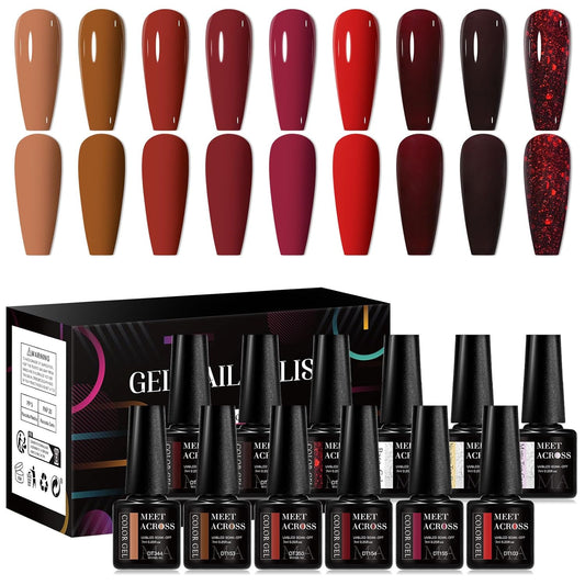 MEET ACROSS 9 Colors Gel Nail Polish + 3PCS Function Gel Nail Polish Kit,Fashion Nail Art Set Design Gifts for Women Manicure Salon (SET6, 12pcs)