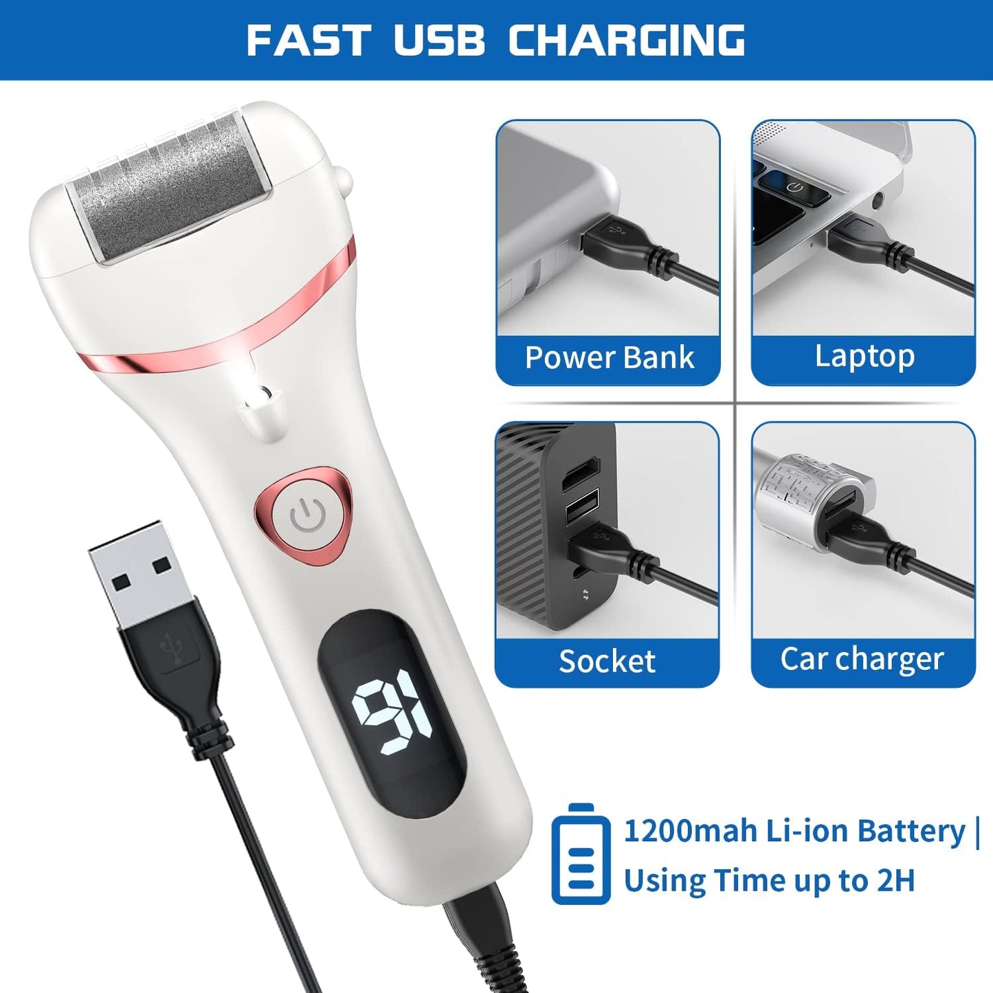 Electric Foot Callus Remover, Rechargeable Portable Electronic Foot File Pedicure Kits, Waterproof Foot Scrubber File, Professional Pedicure Tools, Foot Care for Dead Skin Ideal Gift, 3 Rollers