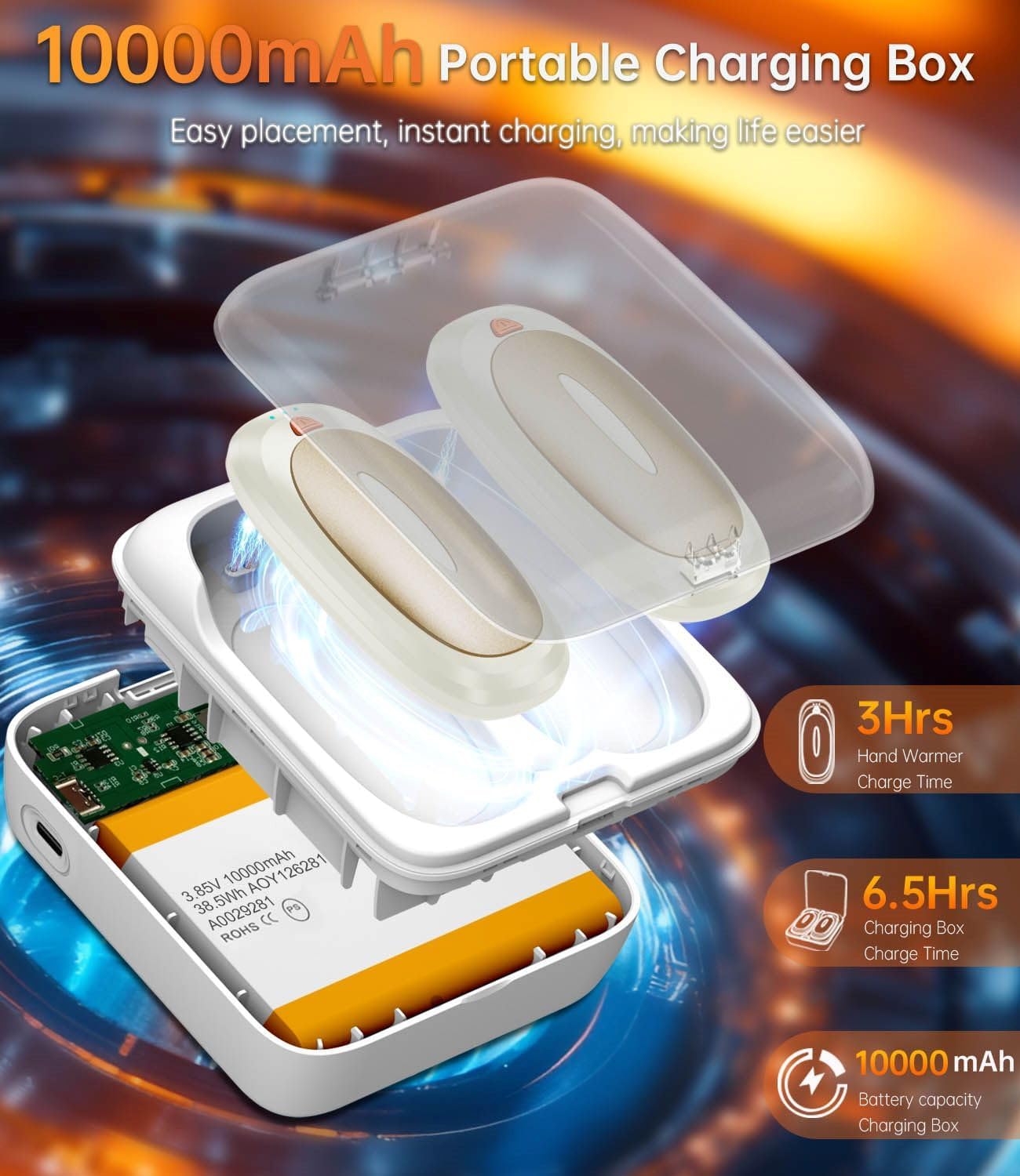 Hand Warmers Rechargeable with 10000mAh Charging Case, 2000mAh Portable Hand Warmers 2 Pack, Reusable Electric Pocket Heater for Hunting, Camping Gear, Outdoors, Gifts