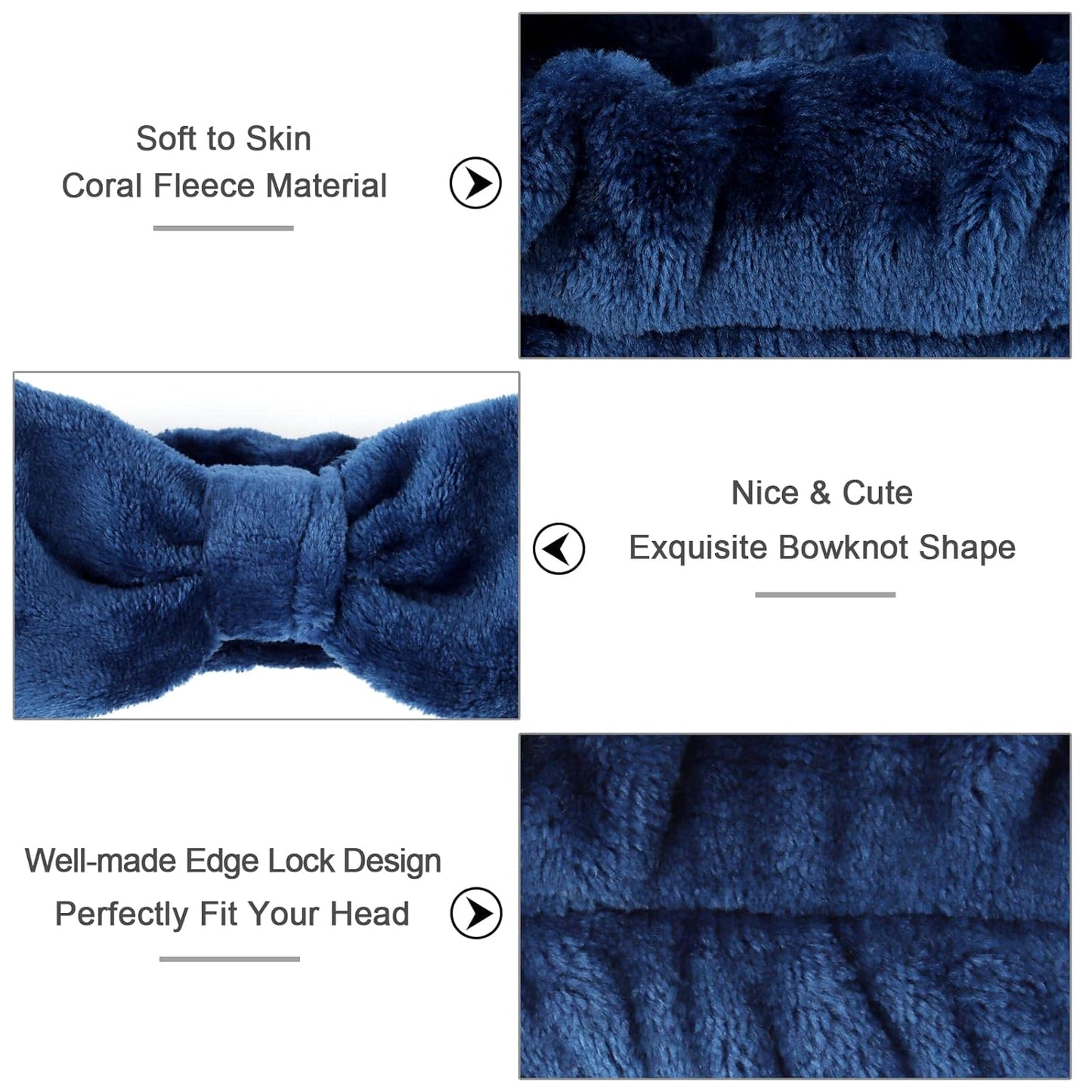 Ondder Spa Headband for Washing Face 8 Pack Navy Blue Skincare Headbands for Women Girls Terry Cloth Cute Bow Head Bands
