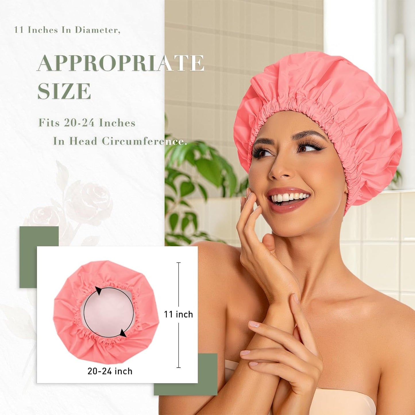 Reusable Shower Cap for Women, Large Waterproof Shower Essentials Bonnet Washable Elastic Band Bath Hair Wrap Hat for Long Hair, Braids(Orange Pink)