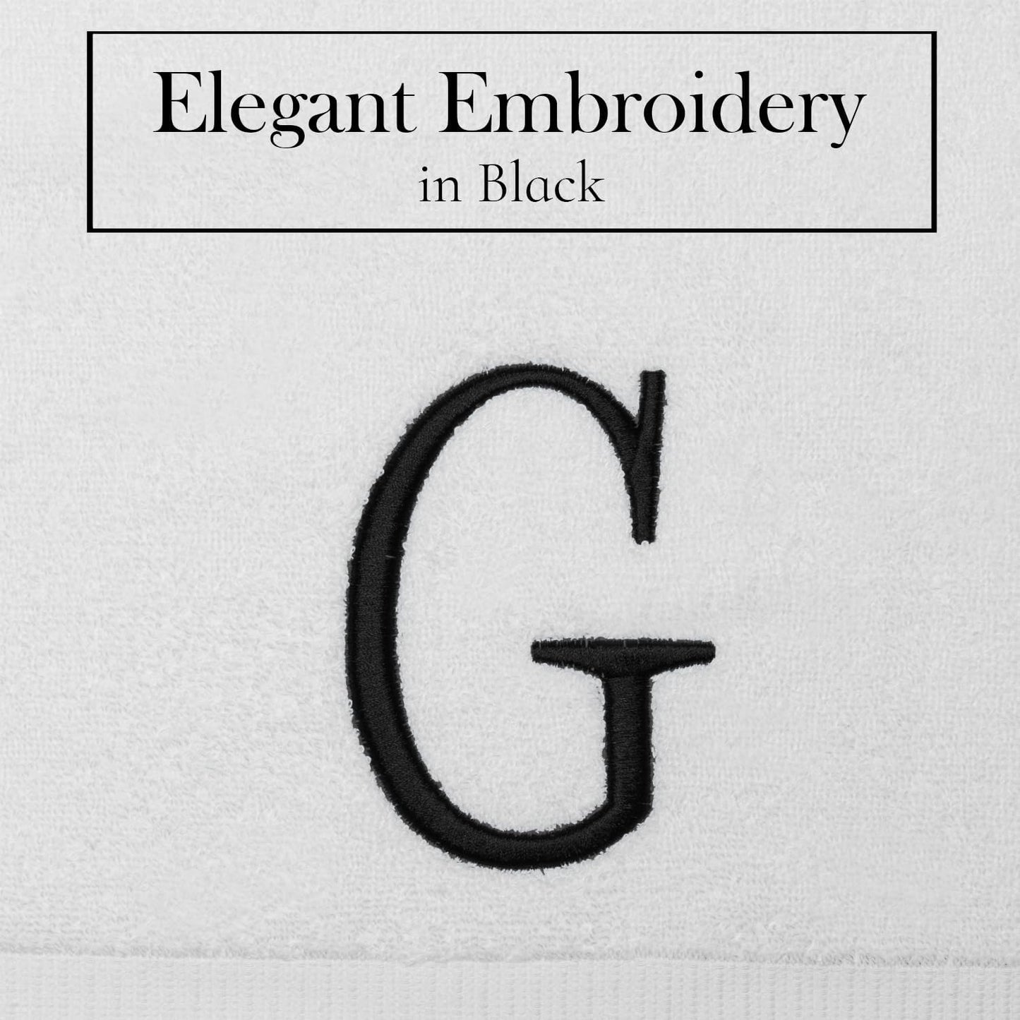 Black Powder Room Hand Towel - Monogram Initial Hotel Quality Decorative Embroidered Luxury Towel for Spa - GOTS Organic Certified - Pack of 2, Letter G