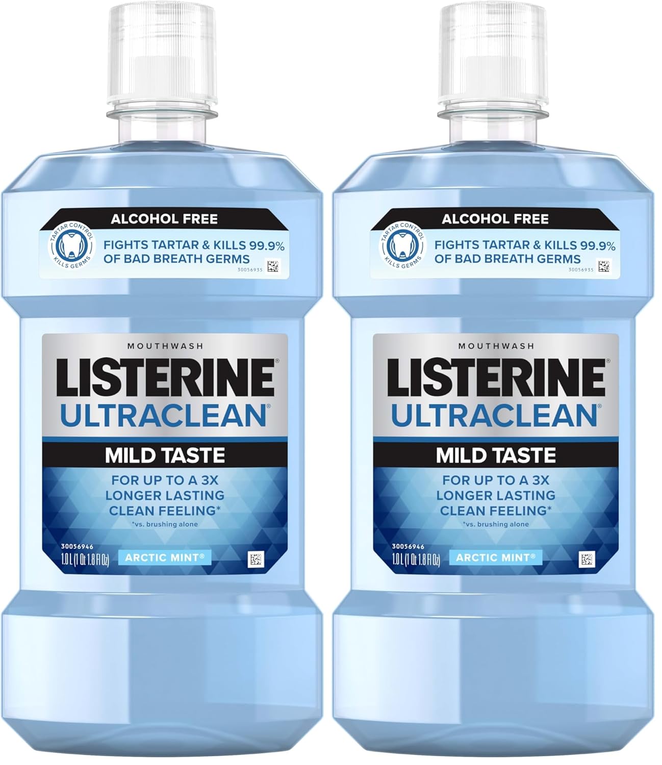 Listerine Ultraclean Alcohol Free Tartar Control Mouthwash, Oral Rinse to Help Fight Bad Breath and Tartar, for Cleaner, Naturally White Teeth, Less Intense Arctic Mint Taste, 1 L (Pack of 2)