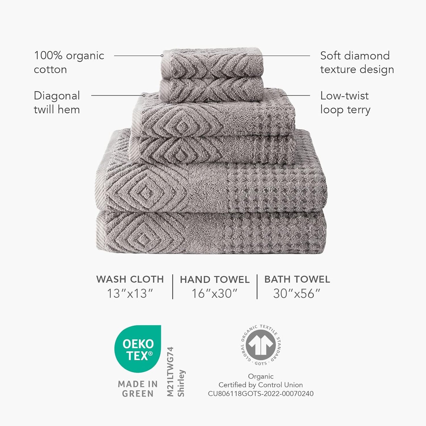 Texere 100% Organic Cotton Diamond Jacquard 700 GSM Luxury Bath Towel Sets - Ultra Soft and Absorbent Hotel and Spa Quality (Diamond, Cathedral Gray, 2 Bath Towels)